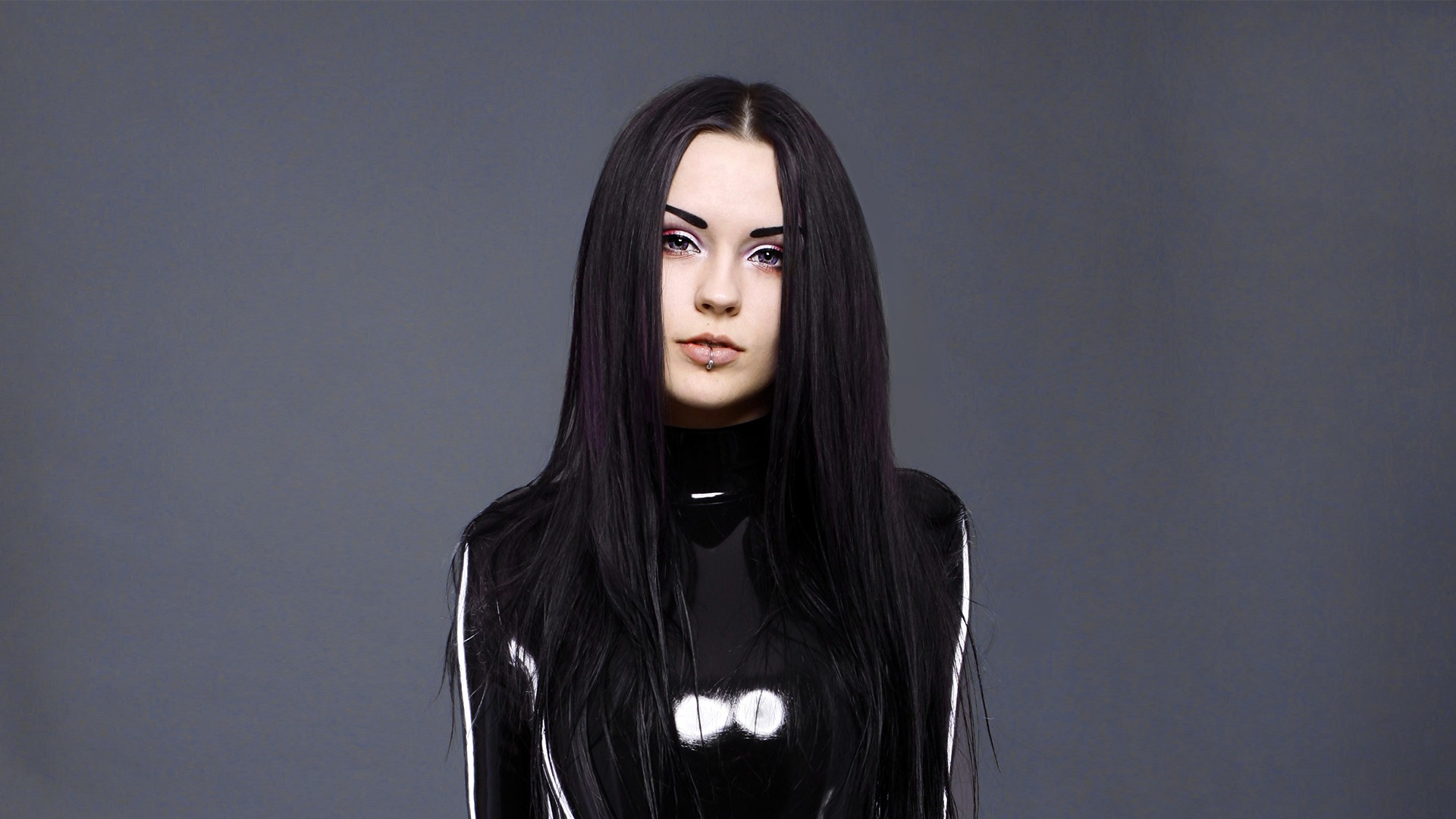 BloodViktoria Black Outfits Pierced Lips Dark Hair Violet Eyes Catsuit Women 1920x1080