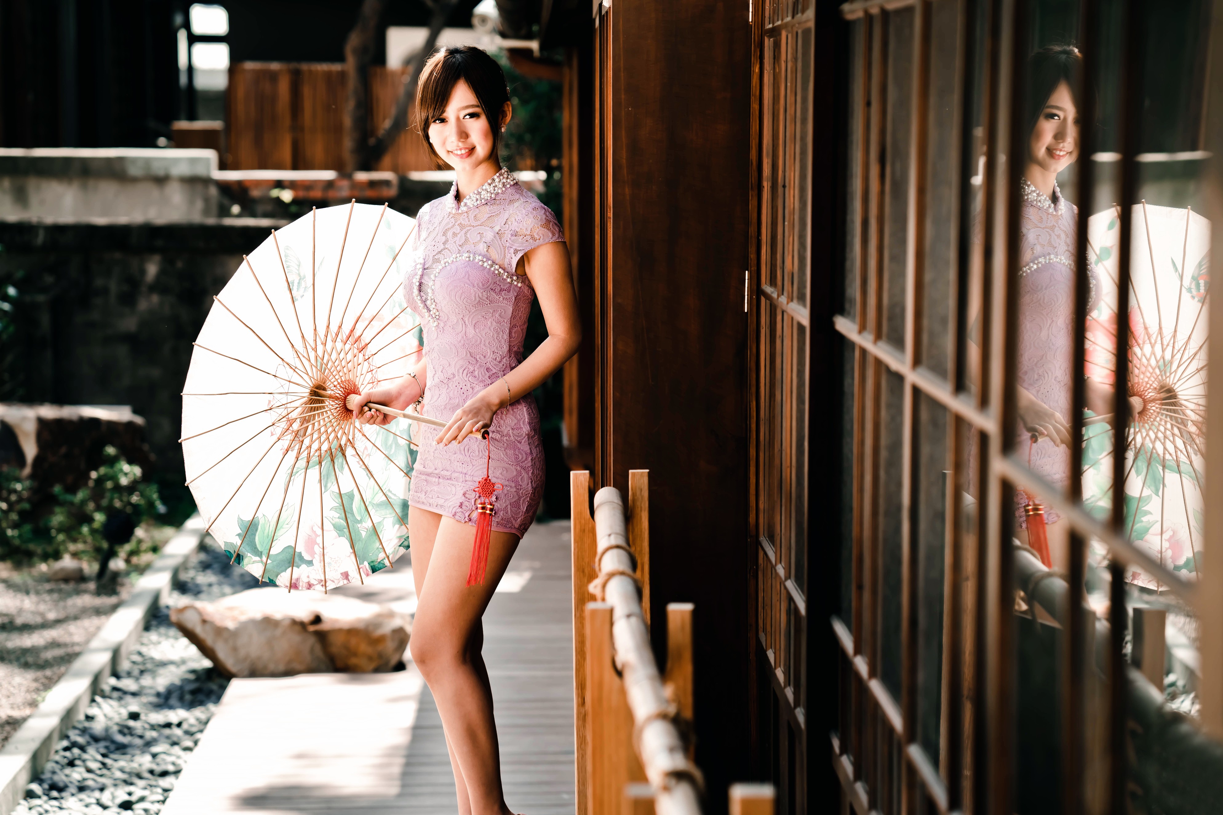 Umbrella Asian Women Model Standing Brunette Short Hair Looking At Viewer Purple Dresses 3976x2652