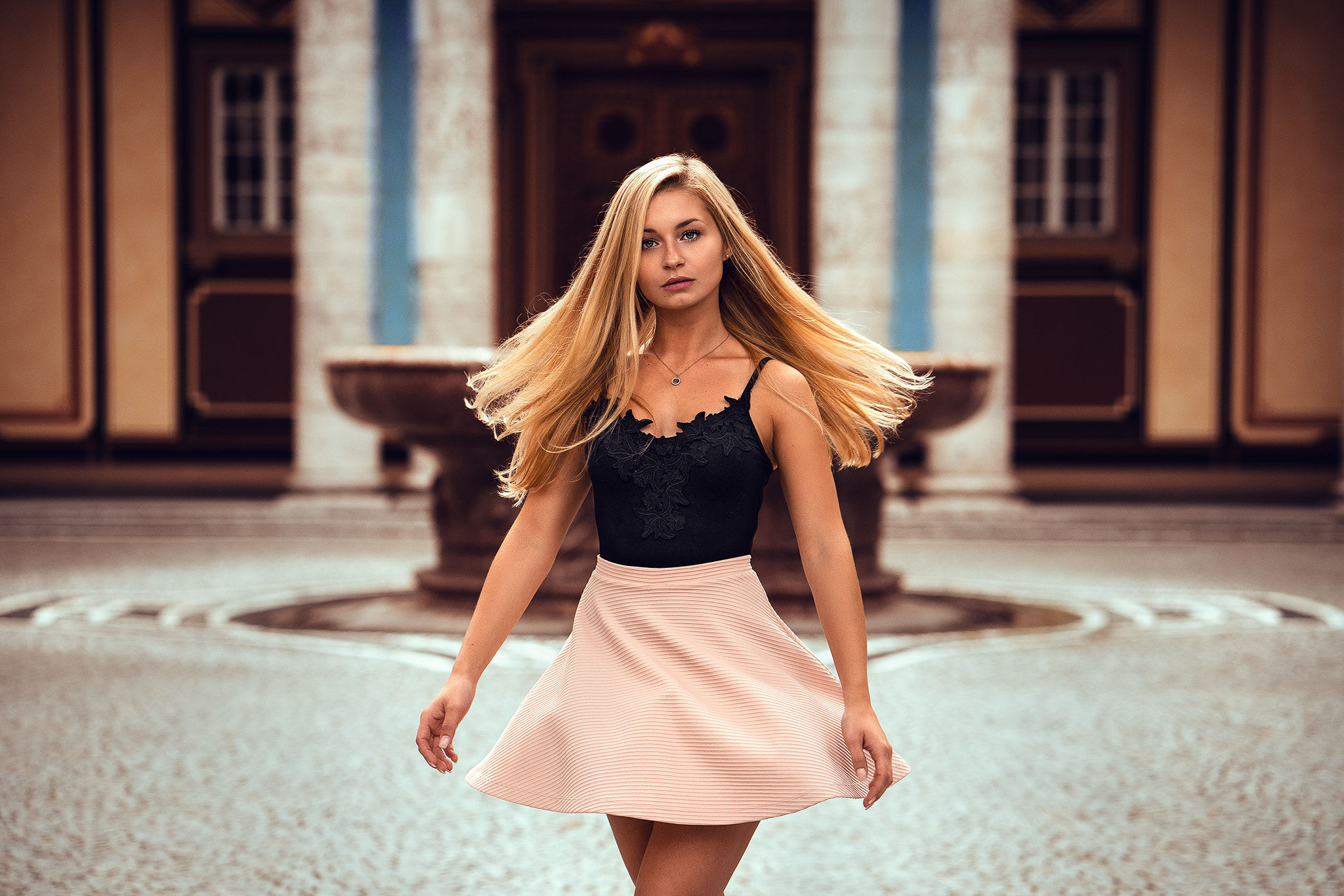 Women Blonde Necklace Dress Pink Skirt Long Hair Women Outdoors Black Tops Anatoli Oskin 2048x1365