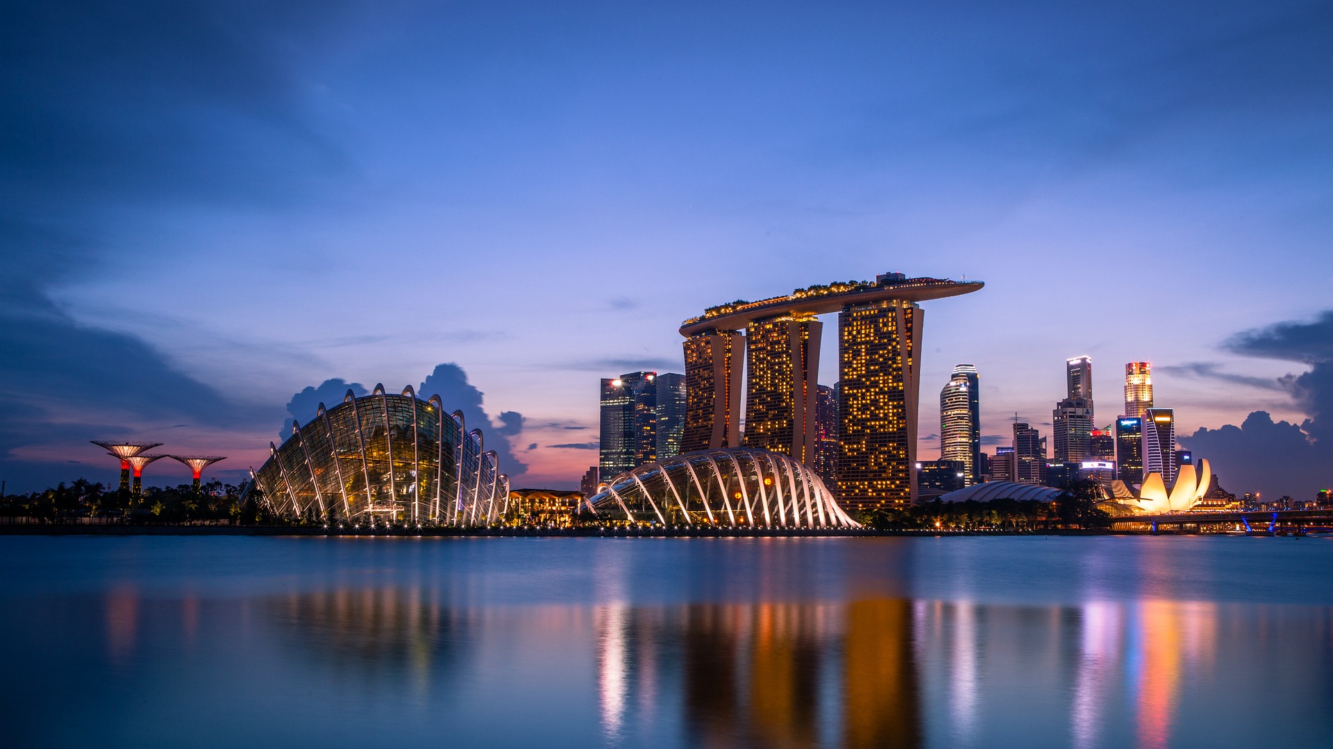 Singapore Night View Skyscraper City Cityscape City Lights Dusk Marina Bay 1920x1080