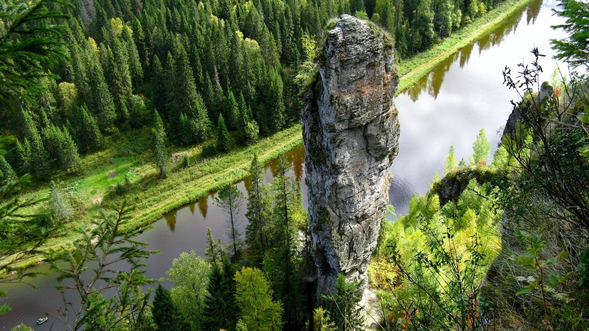 Nature Landscape Trees Water River Stream Rock Forest Rock Formation Pine Trees Reflection Birds Eye 1920x1080