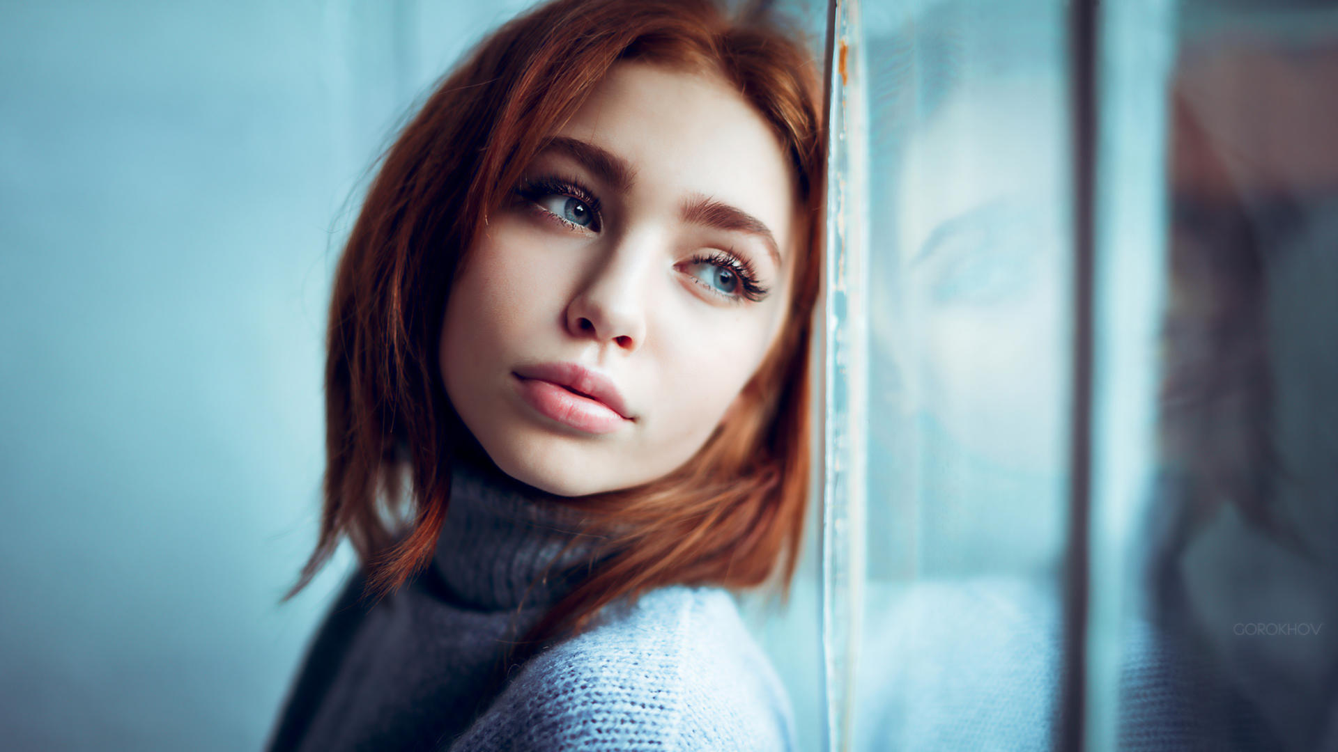 Women Model Redhead Long Hair Face Blue Eyes Sweater Reflection Blue Ivan Gorokhov Renata W Blue Swe 1920x1080