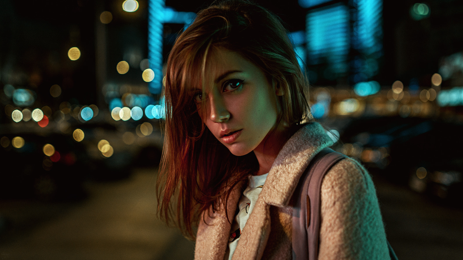 Ksenia Kokoreva Women Model Face Bokeh Brunette Shoulder Length Hair Urban Artificial Lights Women O 1600x900