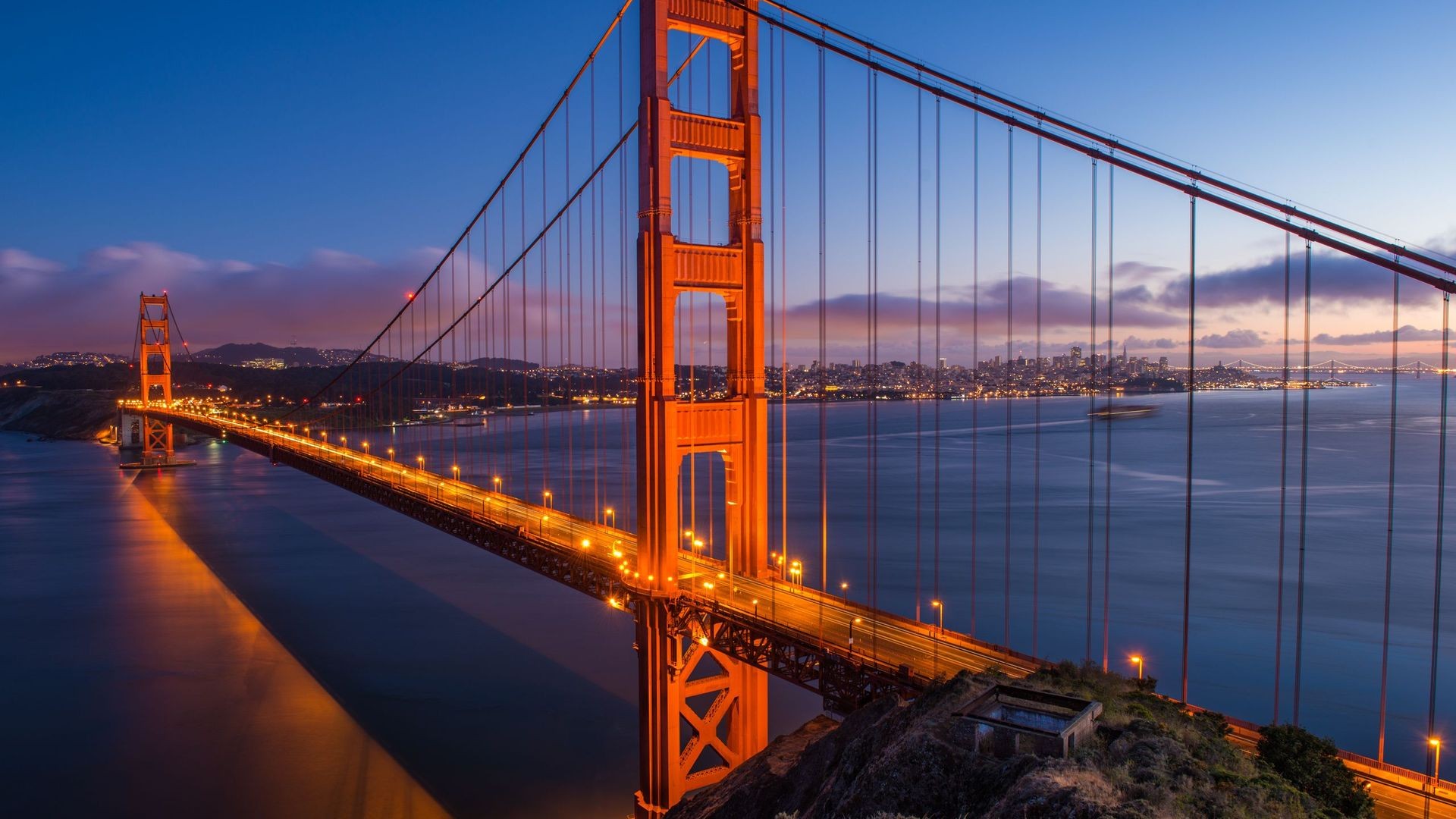 Golden Gate Bridge Bridge Suspension Bridge City Lights Dusk San Francisco 1920x1080