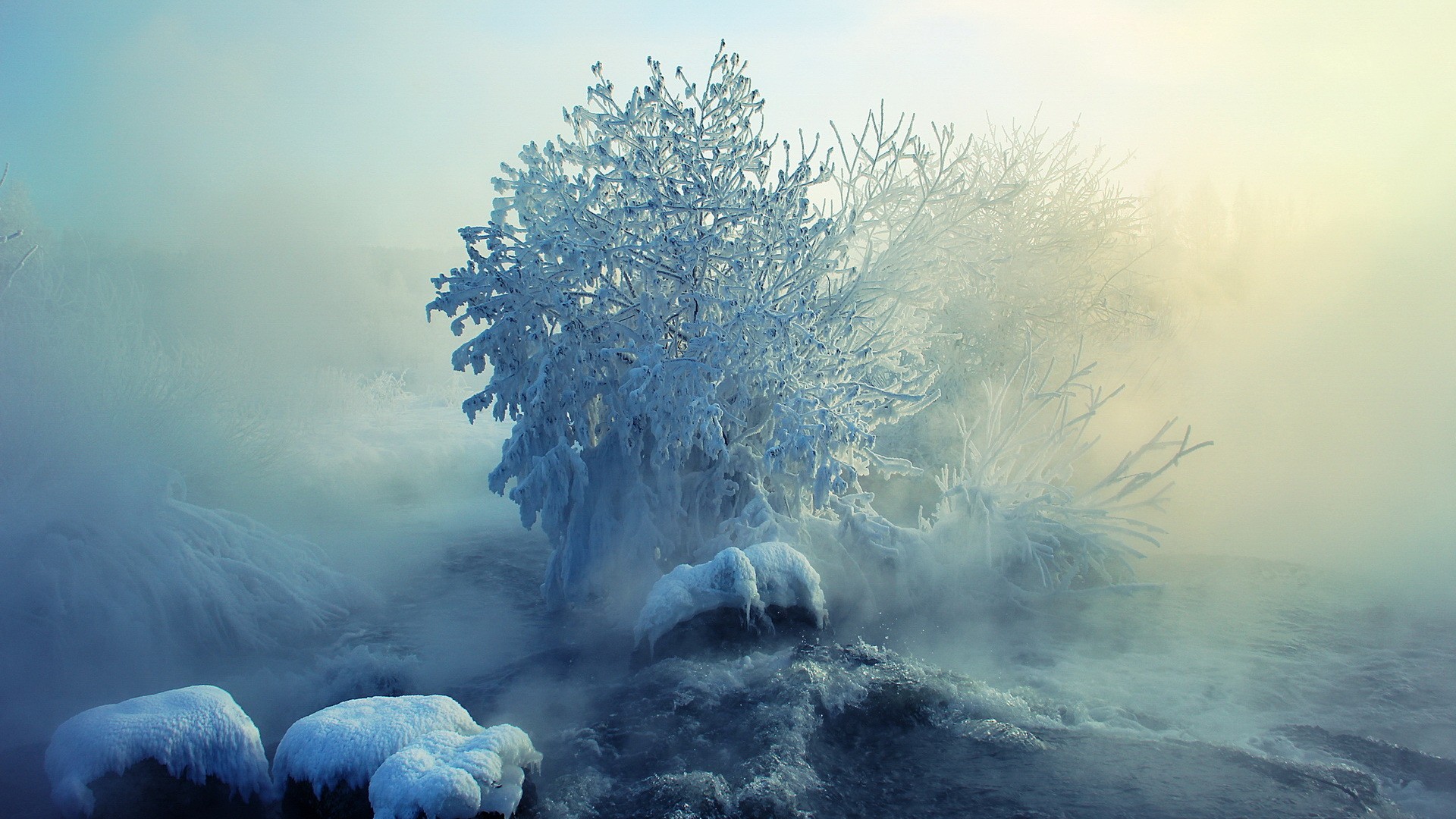 Winter Landscape Ice Snow Nature River Mist Frost Blue Light Blue Without People 1920x1080