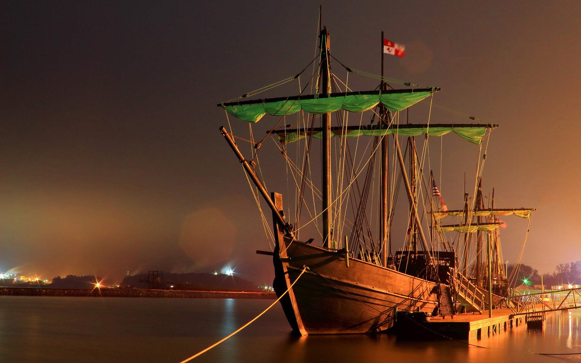 Dock Ship Water Night Long Exposure Lights Harbor Sailing Ship Flag Ports USA 1920x1200