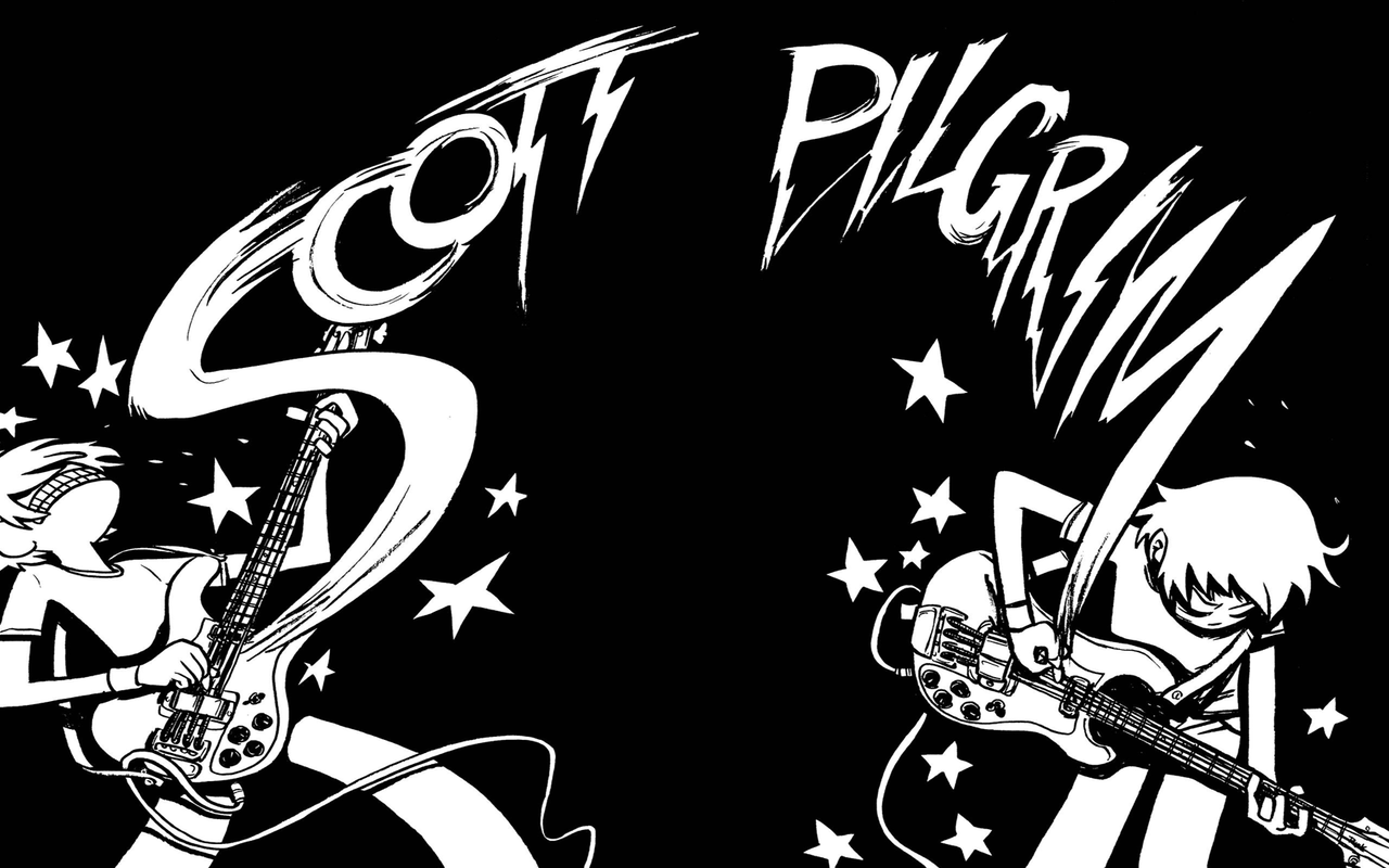 Scott Pilgrim Cartoon Monochrome Guitar Musical Instrument 1280x800