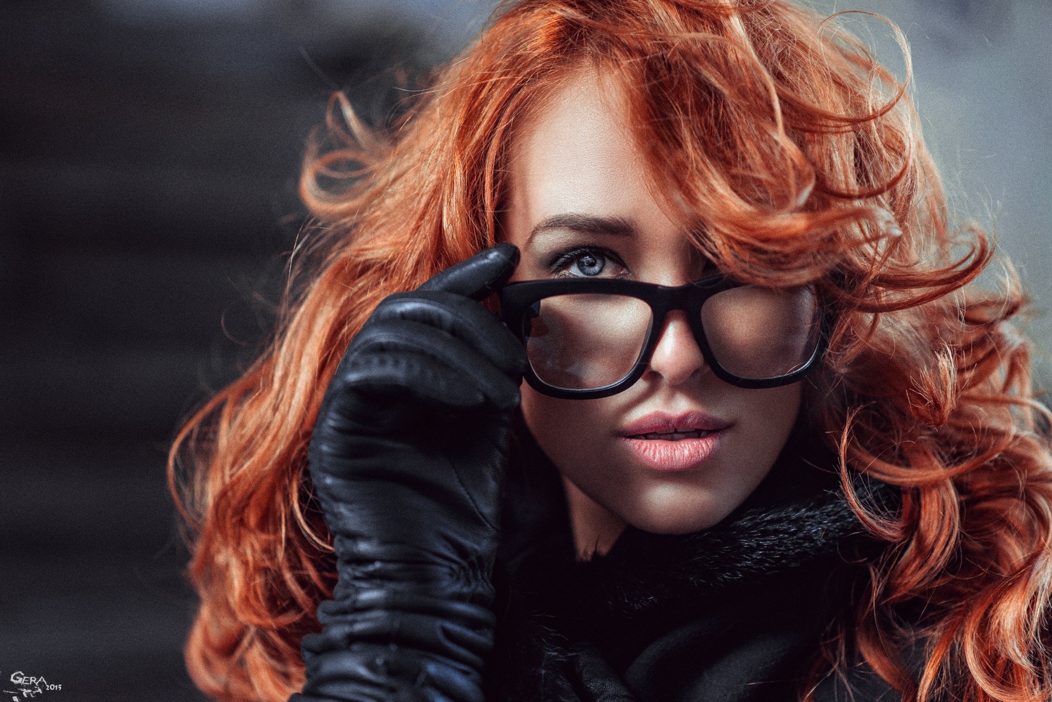 Women Redhead Face Portrait Women With Glasses Gloves Glasses Model Touching Glasses 2048x1367