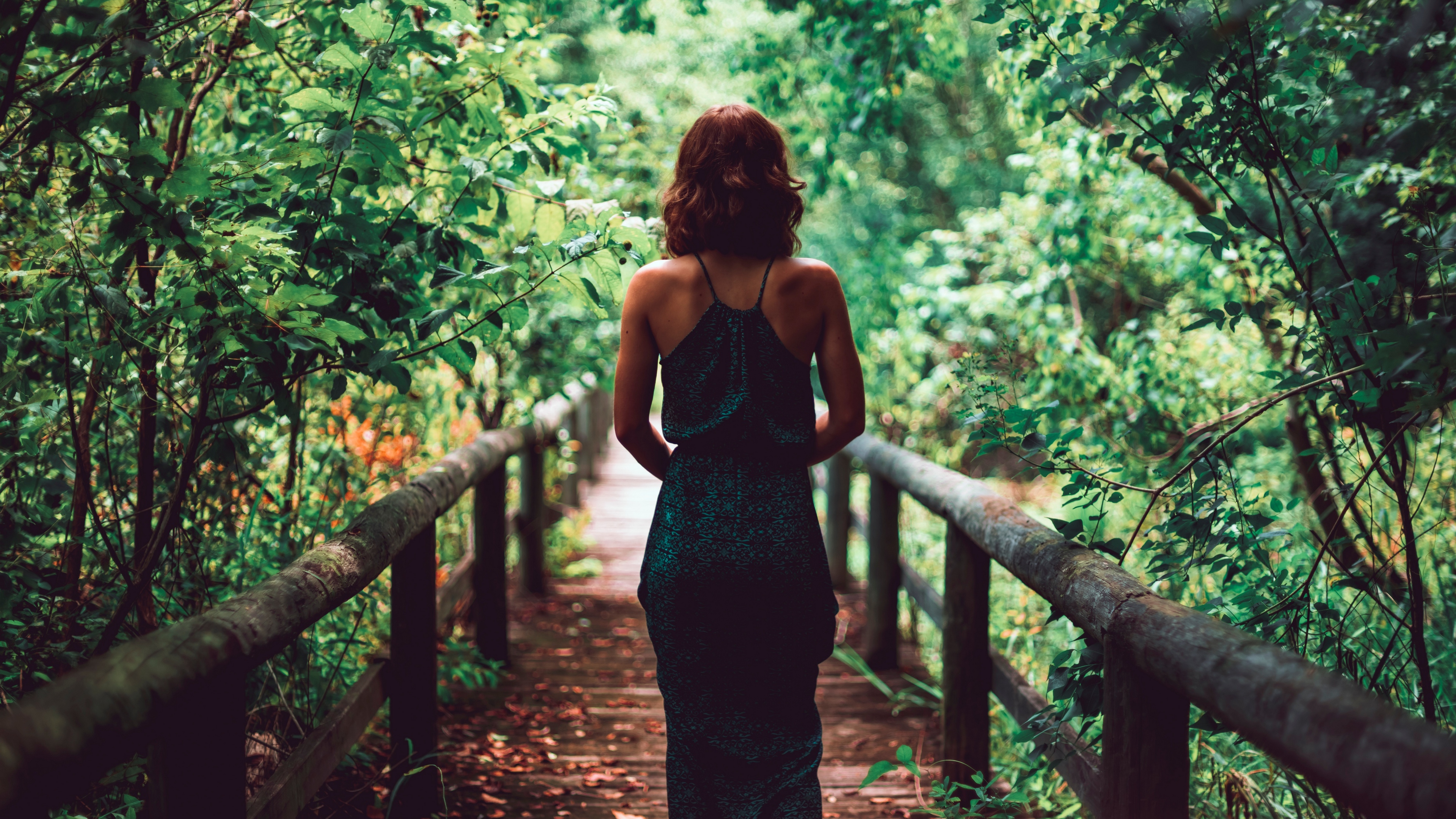 Nature Landscape Women Rear View Wooden Bridge Bare Shoulders Redhead Trees Leaves Timothy Dykes Sho 3840x2160