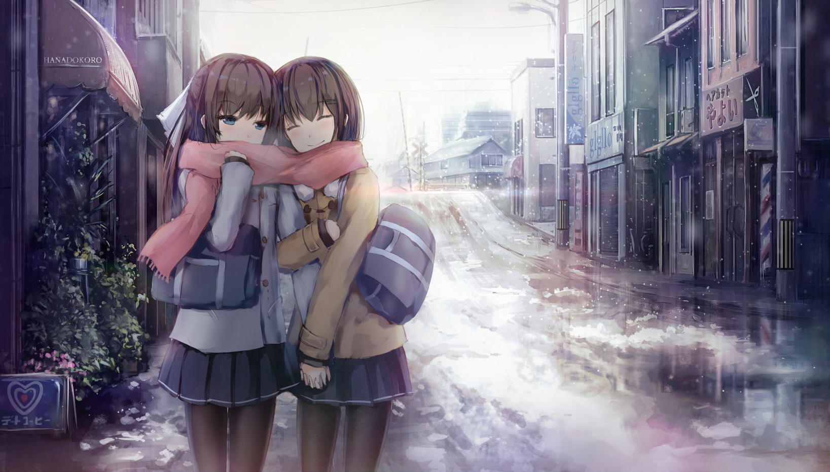 Scarf Snow Cityscape Blue Eyes Anime Schoolgirl Sisters 1637x931