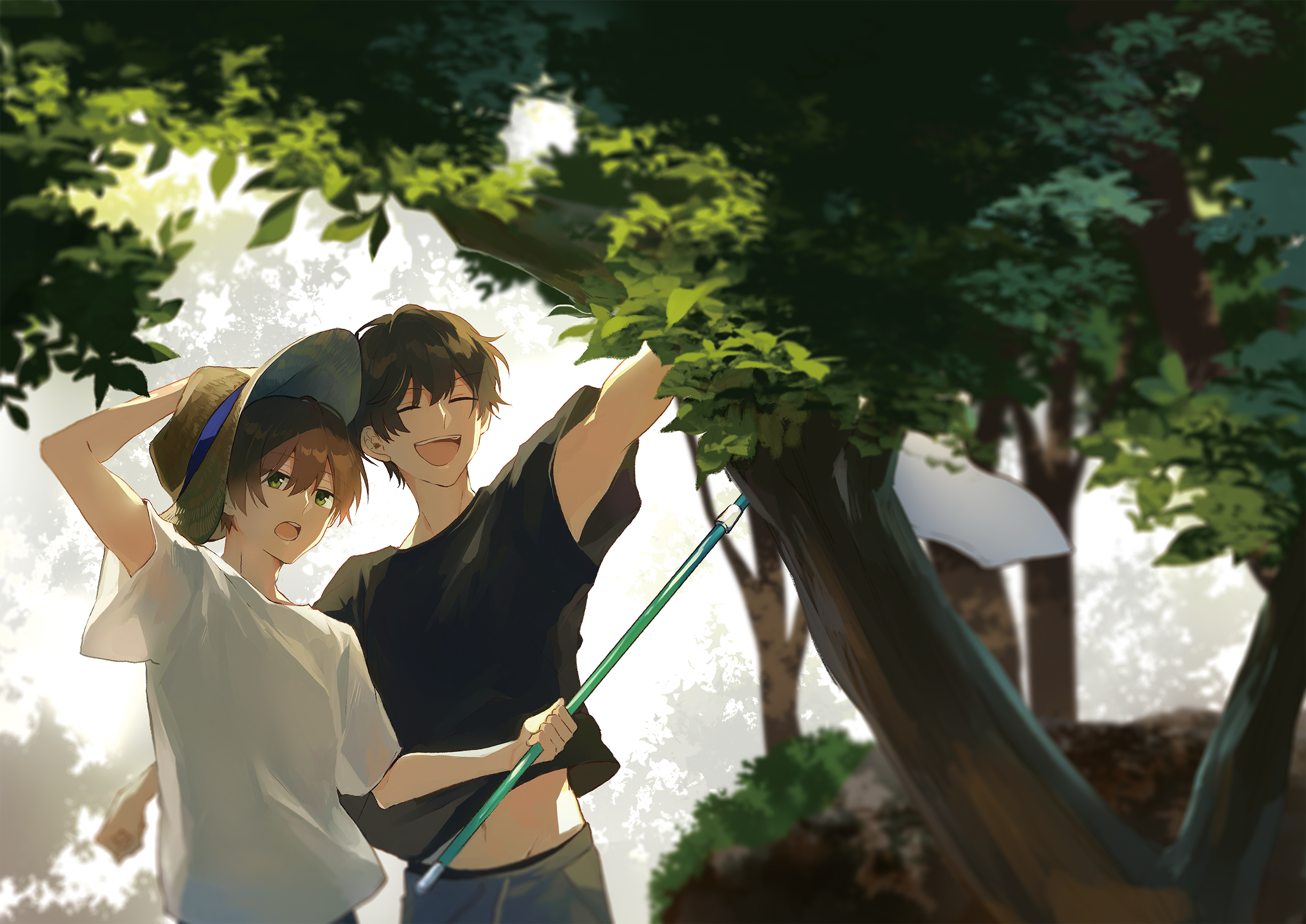 Male Anime Summer Yaoi Smiling Straw Hat Trees Leaves 2560x1812