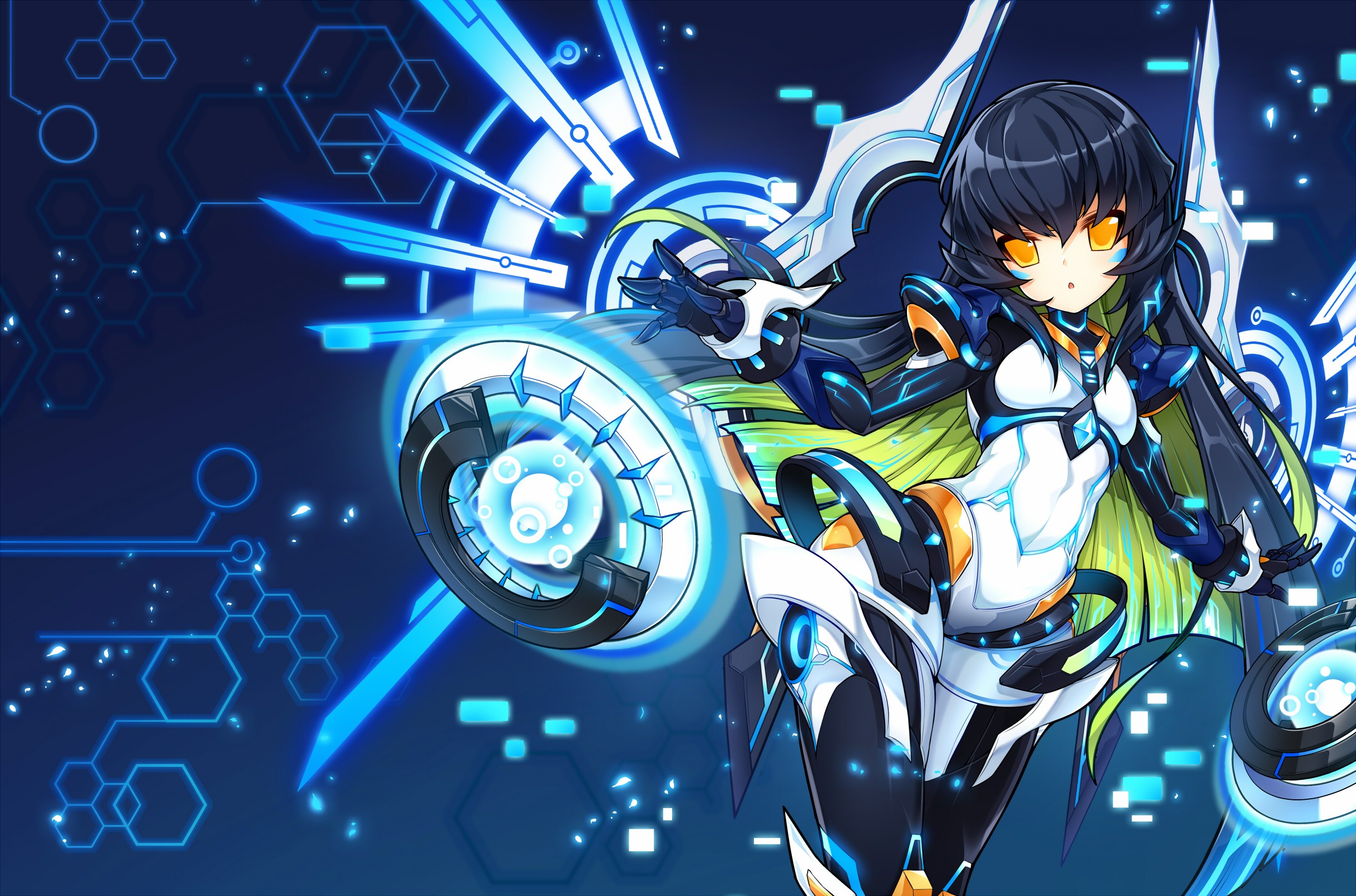 Eve Elsword Elsword Yellow Eyes Dark Blue Hair 2437x1611