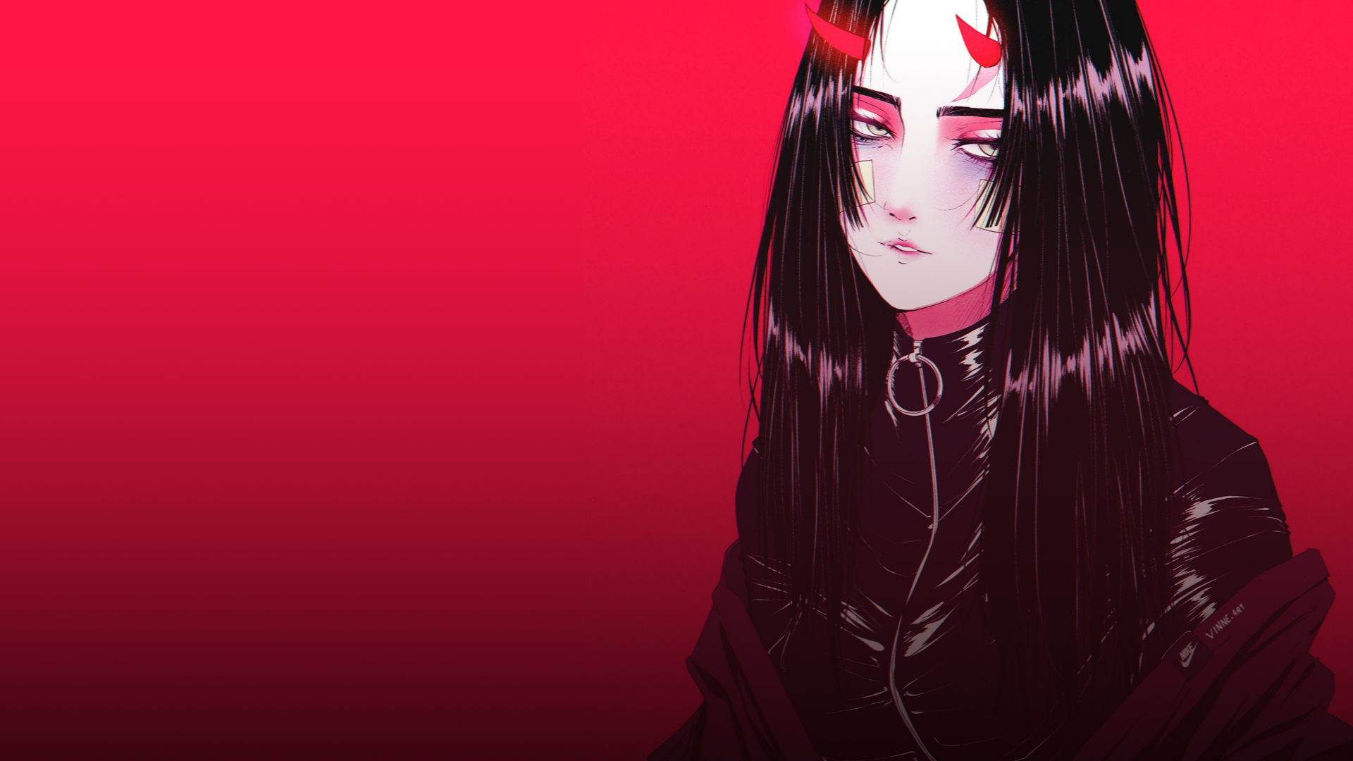 Drawn Women Demon Horns Horns Black Hair Long Hair Red Digital Art Demon Girl Oni 1920x1080
