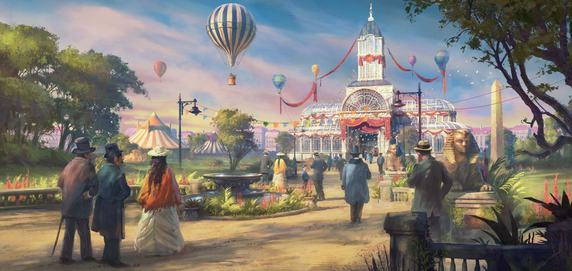 Illustration Video Games Forge Of Empires Building Video Game Art People Hot Air Balloons Trees Vict 2345x1110