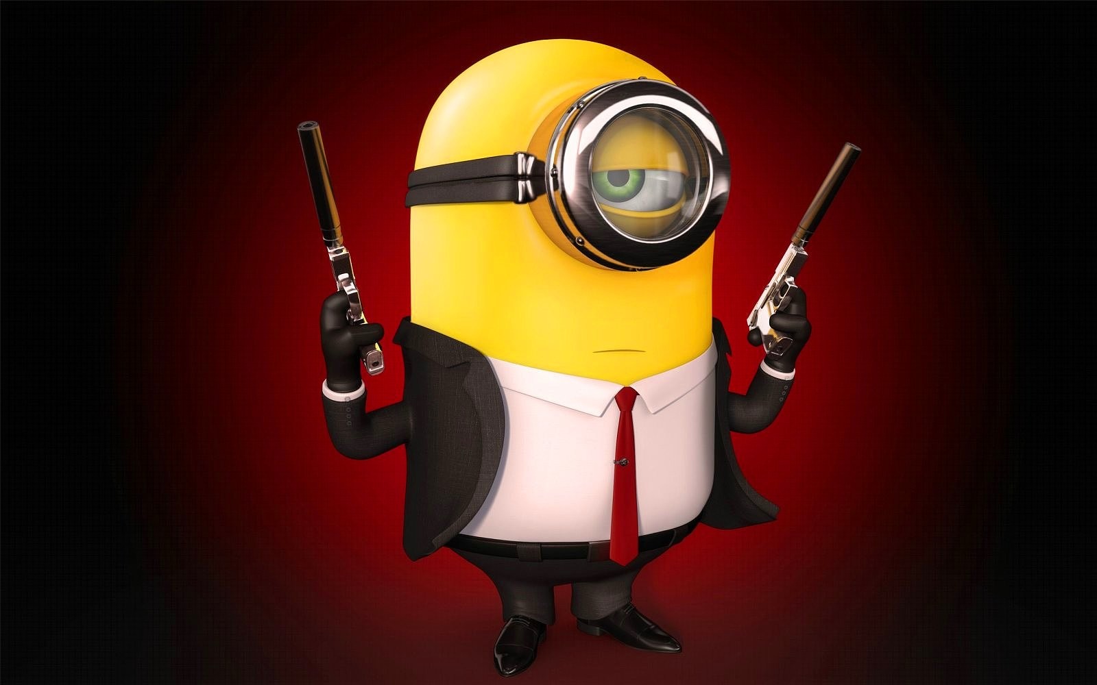 Minions Agent 47 Gun Red Background Humor Tie 1600x1000
