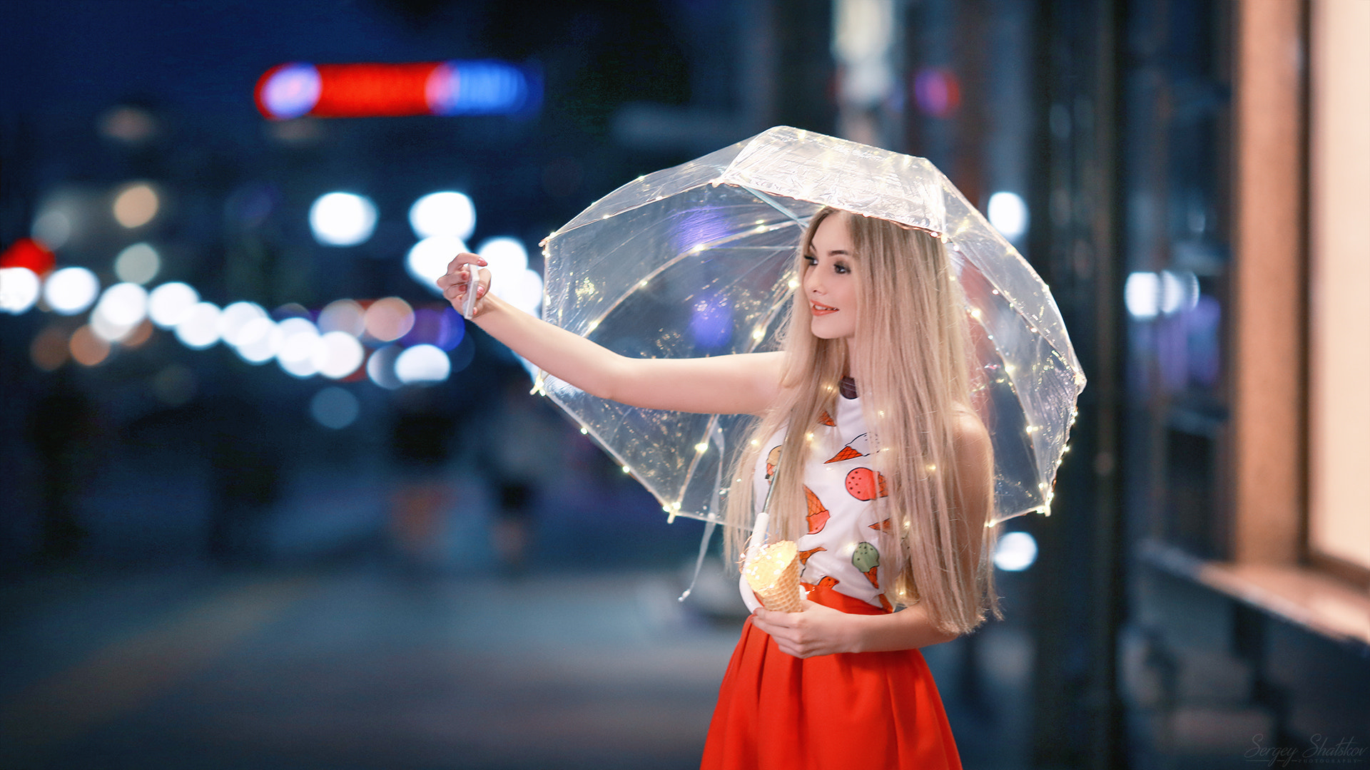 Women Model Sergey Shatskov Urban Selfies Umbrella City Night Blonde 500px Long Hair Skirt Women Out 1920x1080