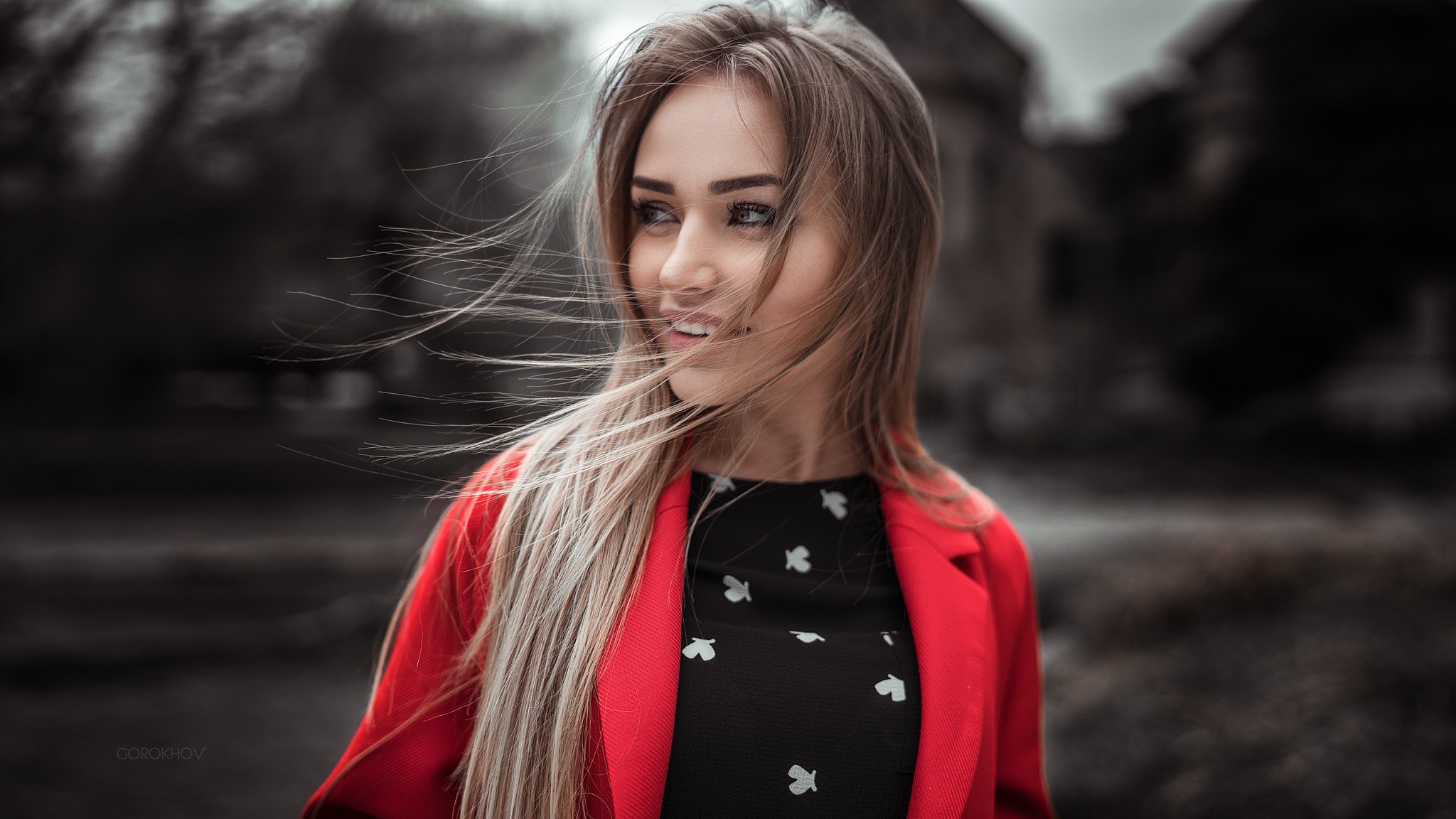 Women Blonde Smiling Face Portrait Looking Away Ivan Gorokhov Maria Puchnina Red Coat Hair In Face L 2048x1152