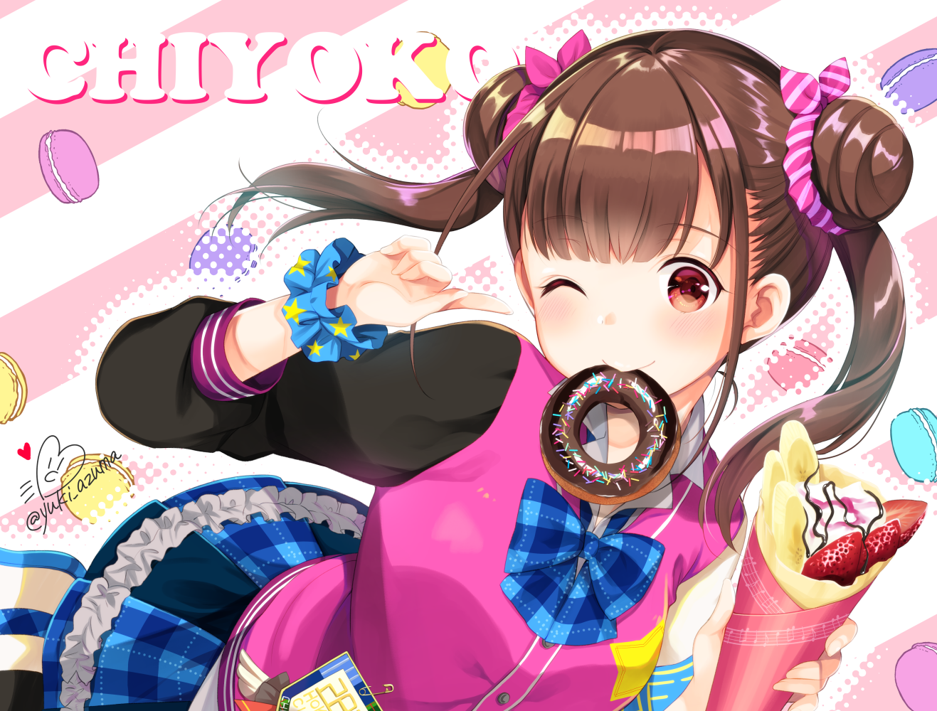 THE IDOLM STER Brunette Twintails Candy Skirt Wink Food Red Eyes Long Hair Wristwear Anime 1317x1000