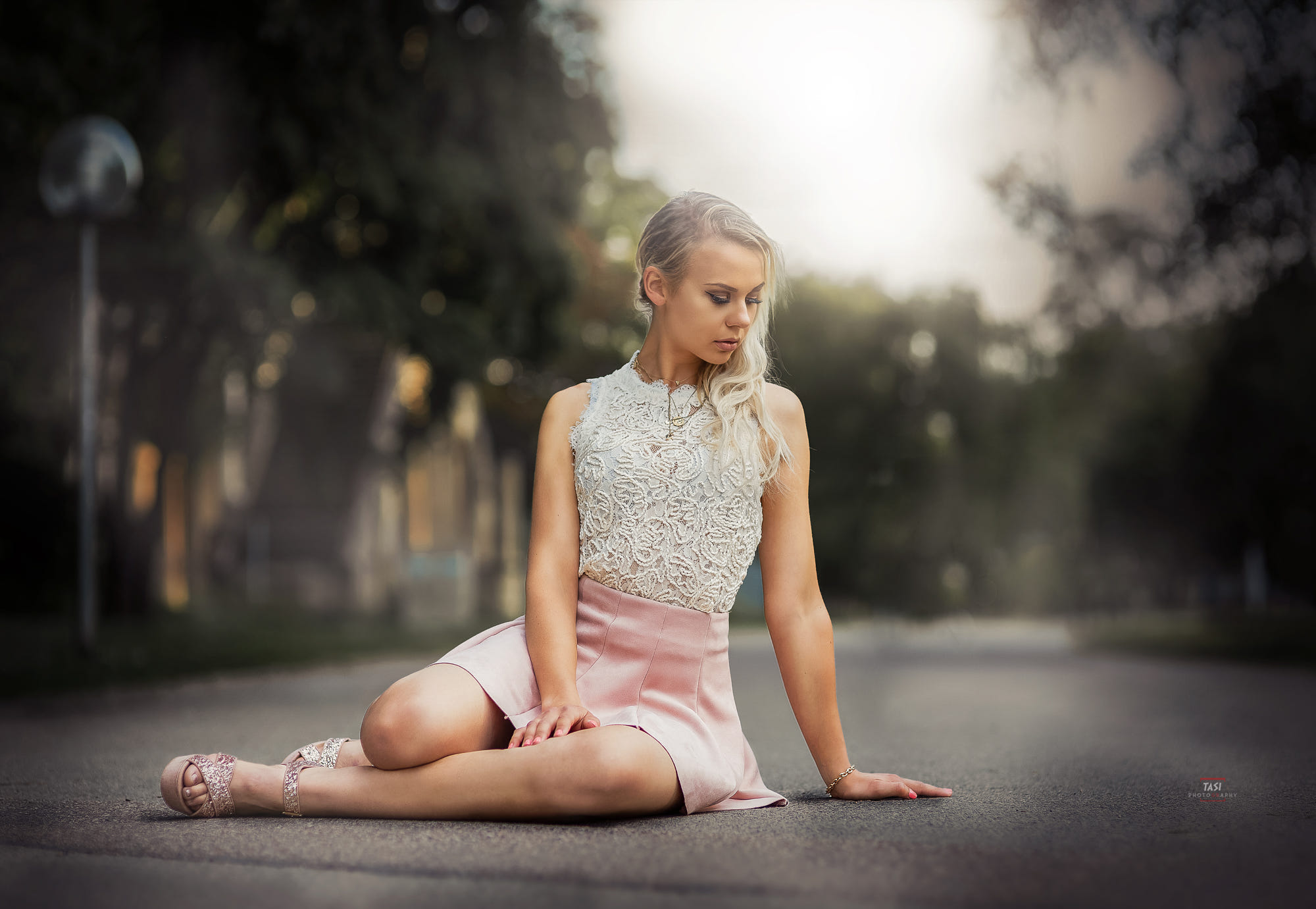 Women Blonde Portrait White Tops Pink Skirt Sitting Street Bokeh Depth Of Field 2000x1381