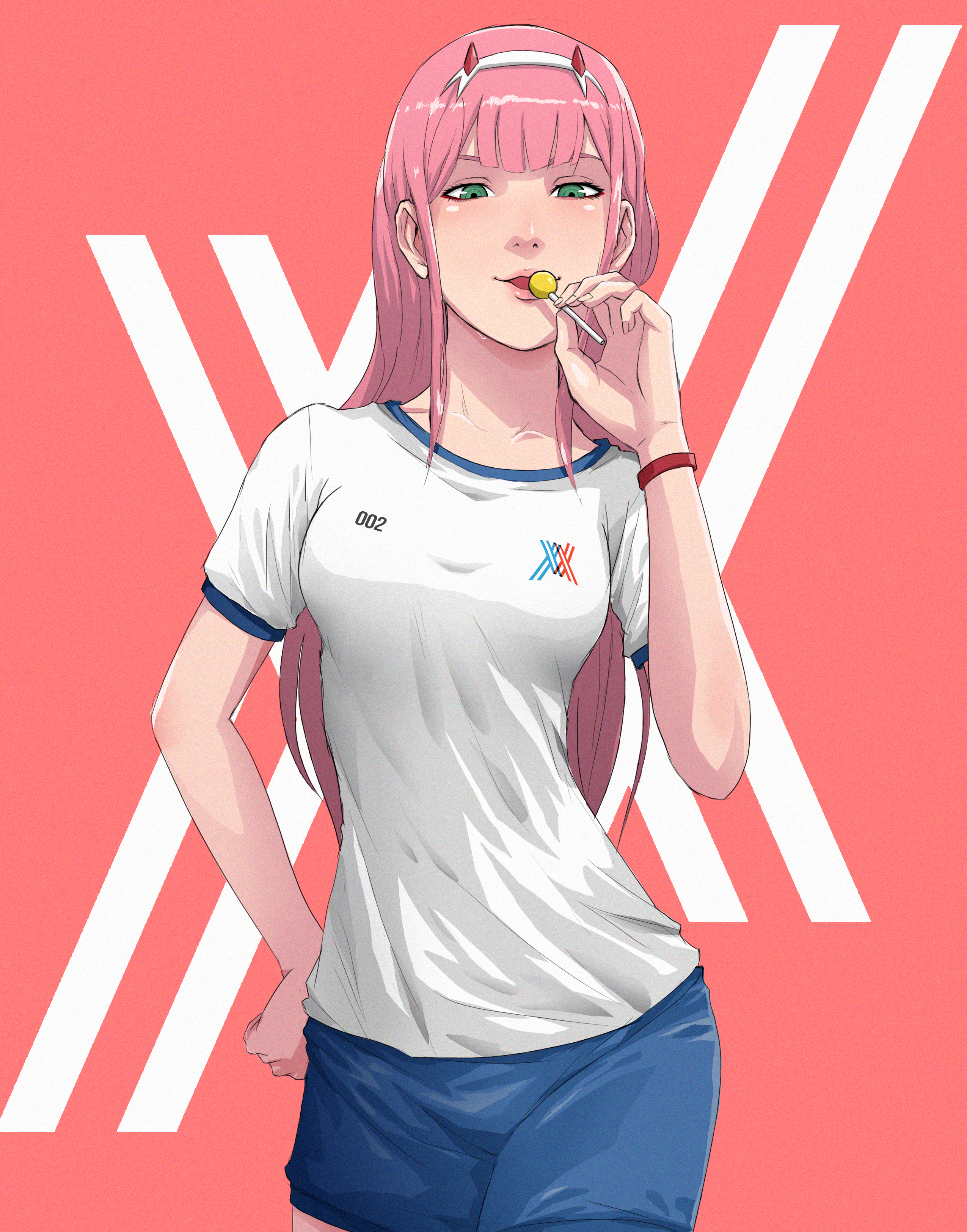 Darling In The FranXX Anime Girls Long Hair Pink Hair Green Eyes Gym Clothes White T Shirt Zero Two  2550x3248