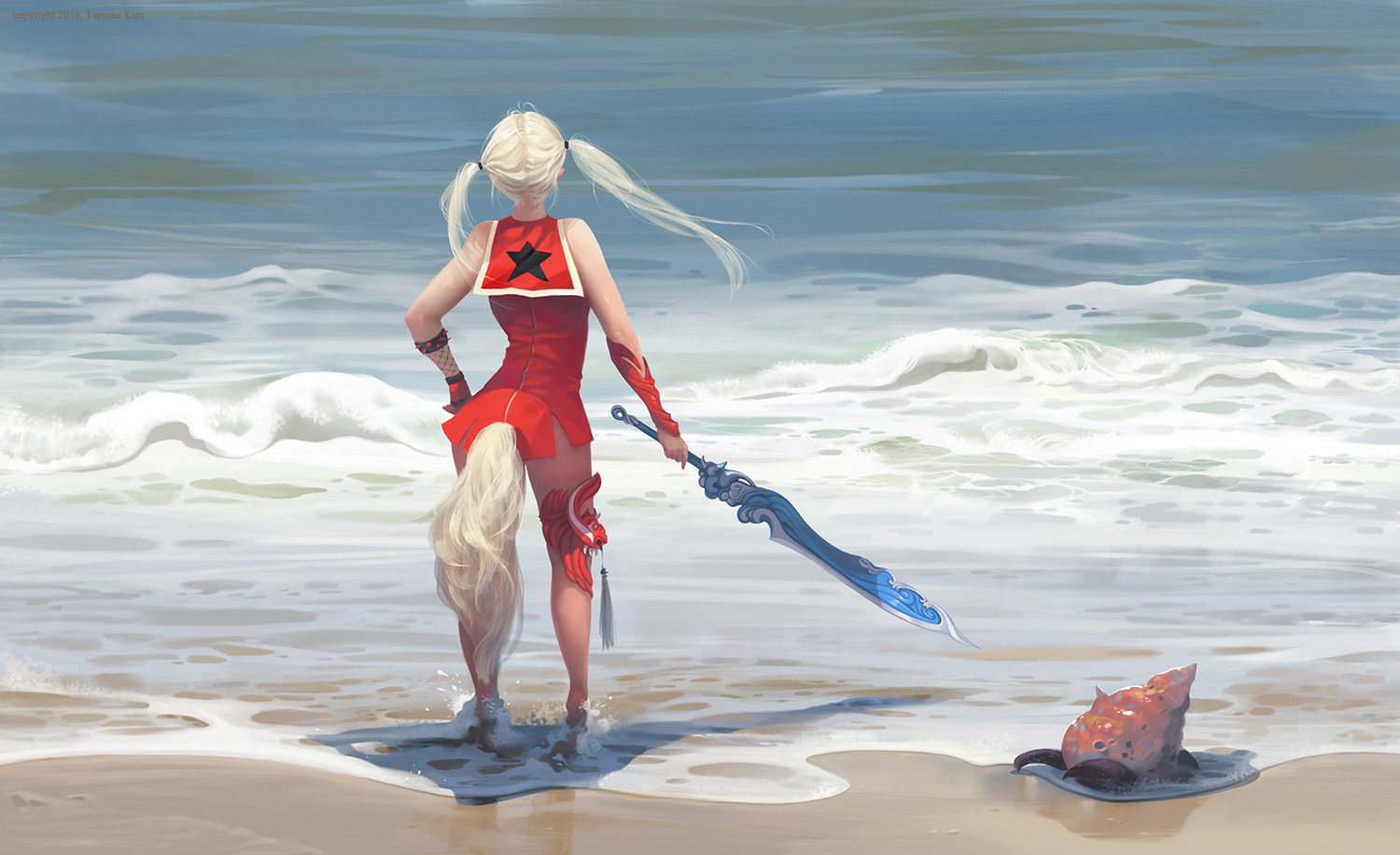 Taejune Kim Digital Art Women Long Hair Sea Beach Sand Blonde Sword Water Blouse Blade And Soul 1500x916