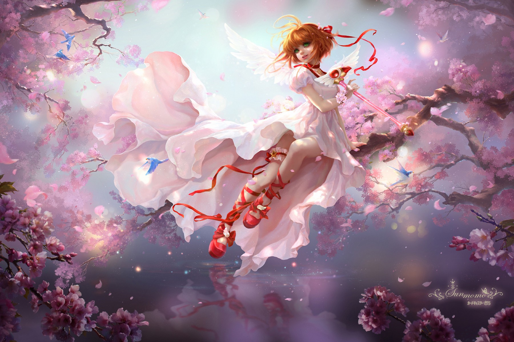 Anime Anime Girls Card Captor Sakura Kinomoto Sakura Dress Weapon Wings Short Hair Green Eyes Legs 1800x1200