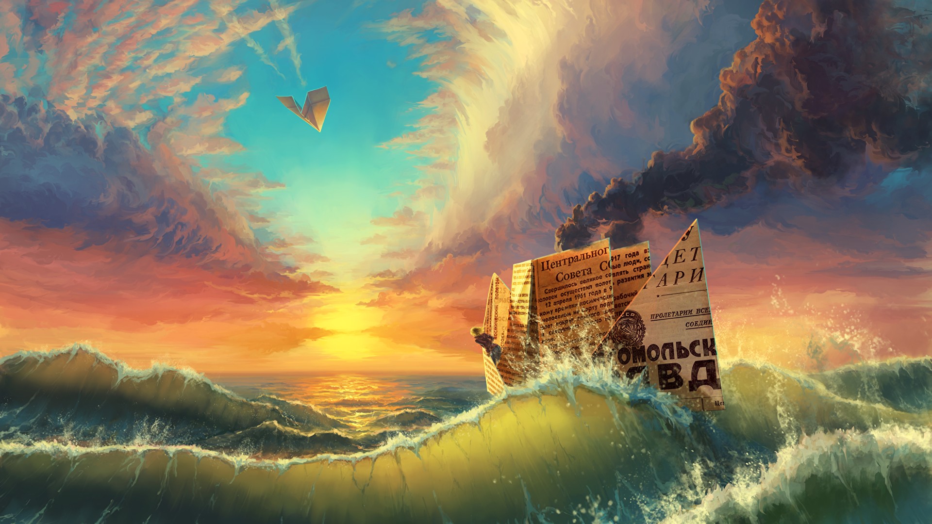 Sky Paperplanes Sea Artwork Fantasy Art 1920x1080