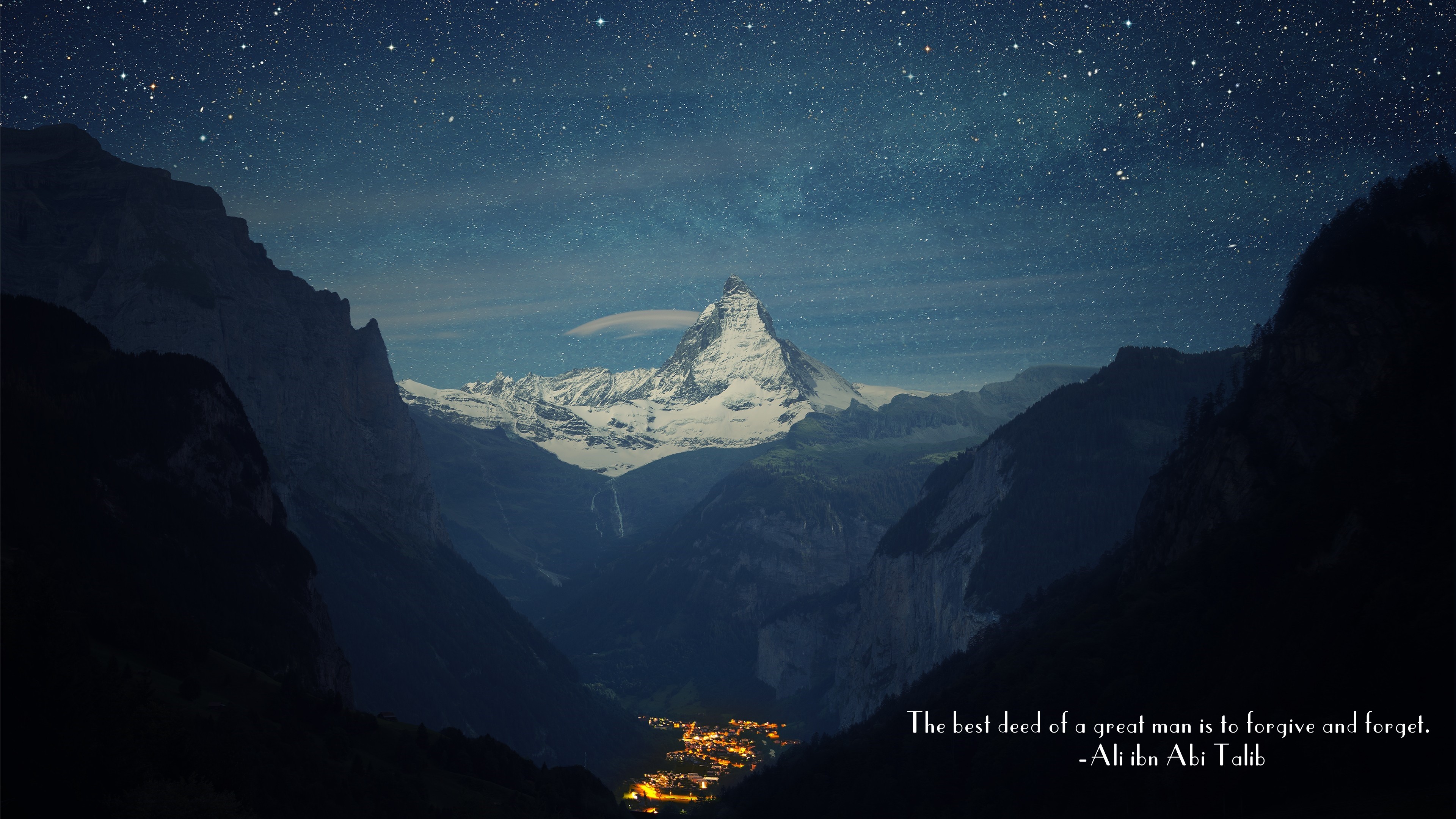 Ali Ibn Abi Talib Islam Quote Mountain Pass Mountains Town Stars Matterhorn Zermatt Switzerland 3840x2160