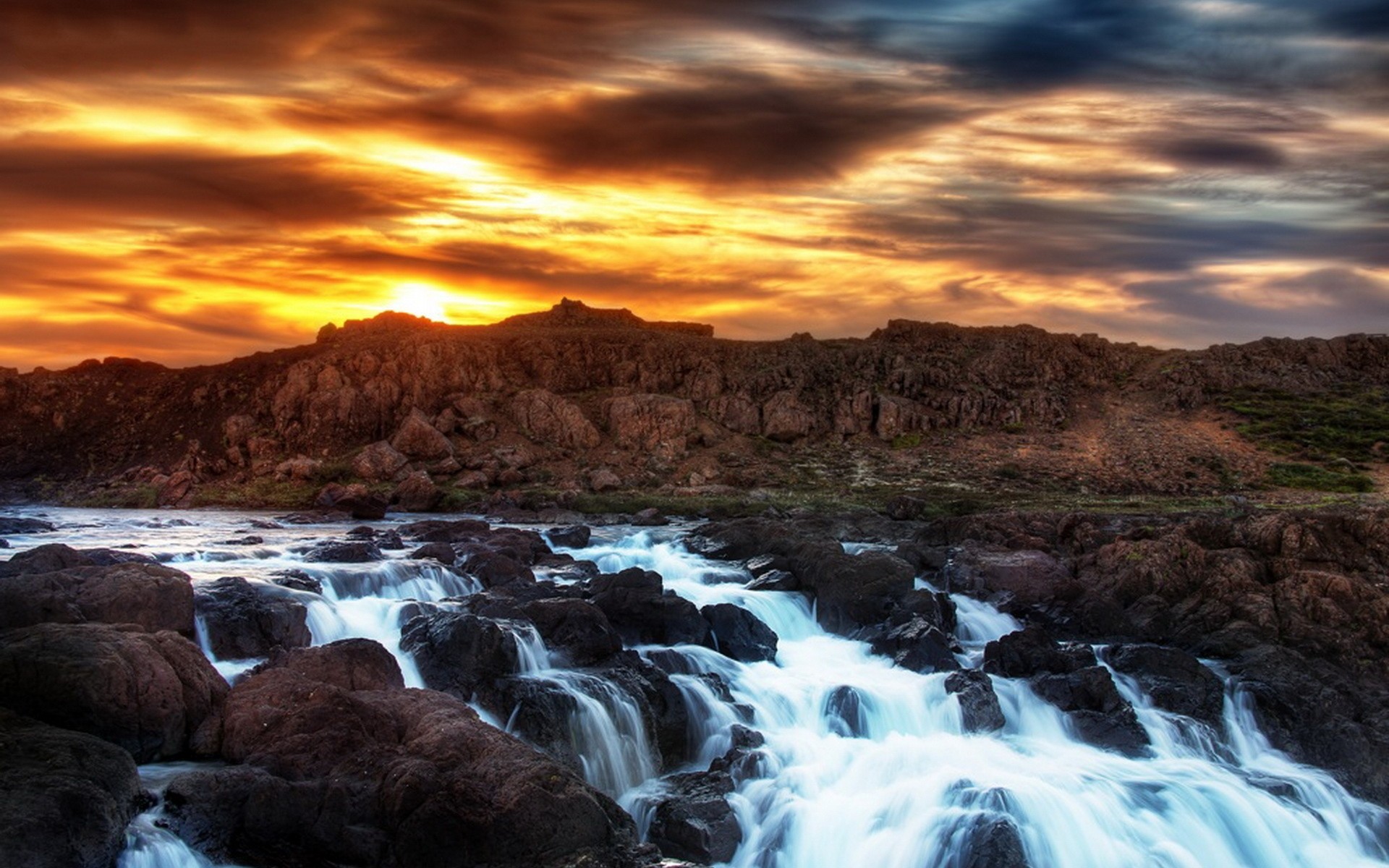 Water Mountains Sunset Clouds Rocks River Without People 1920x1200