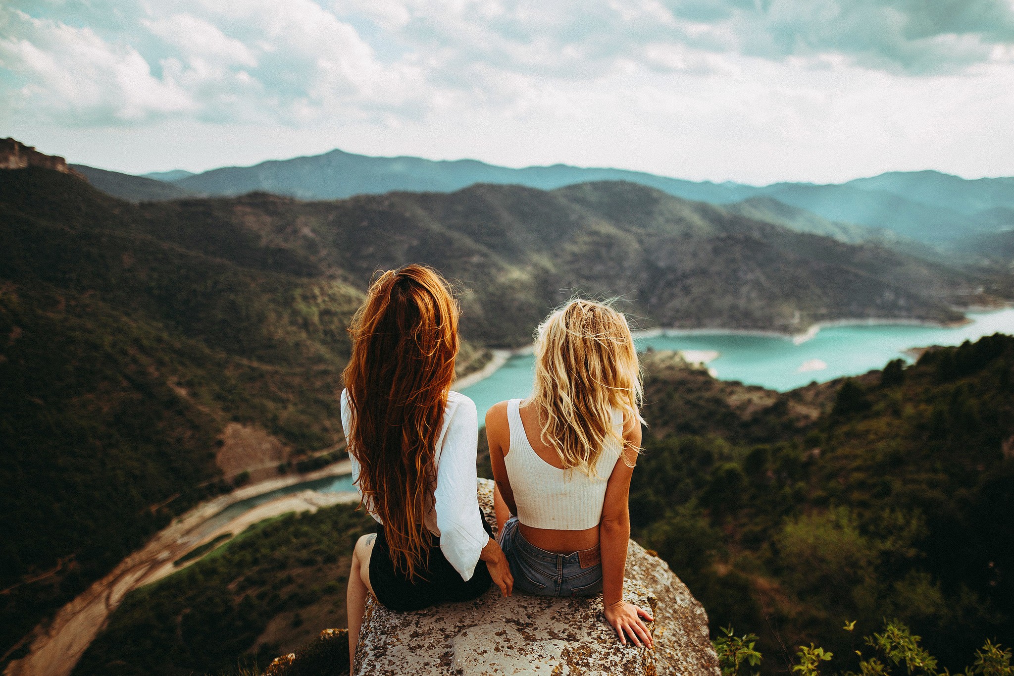 Women Women Outdoors Long Hair Sitting Redhead Blonde Tank Top Panoramas Mountains River Depth Of Fi 2048x1365