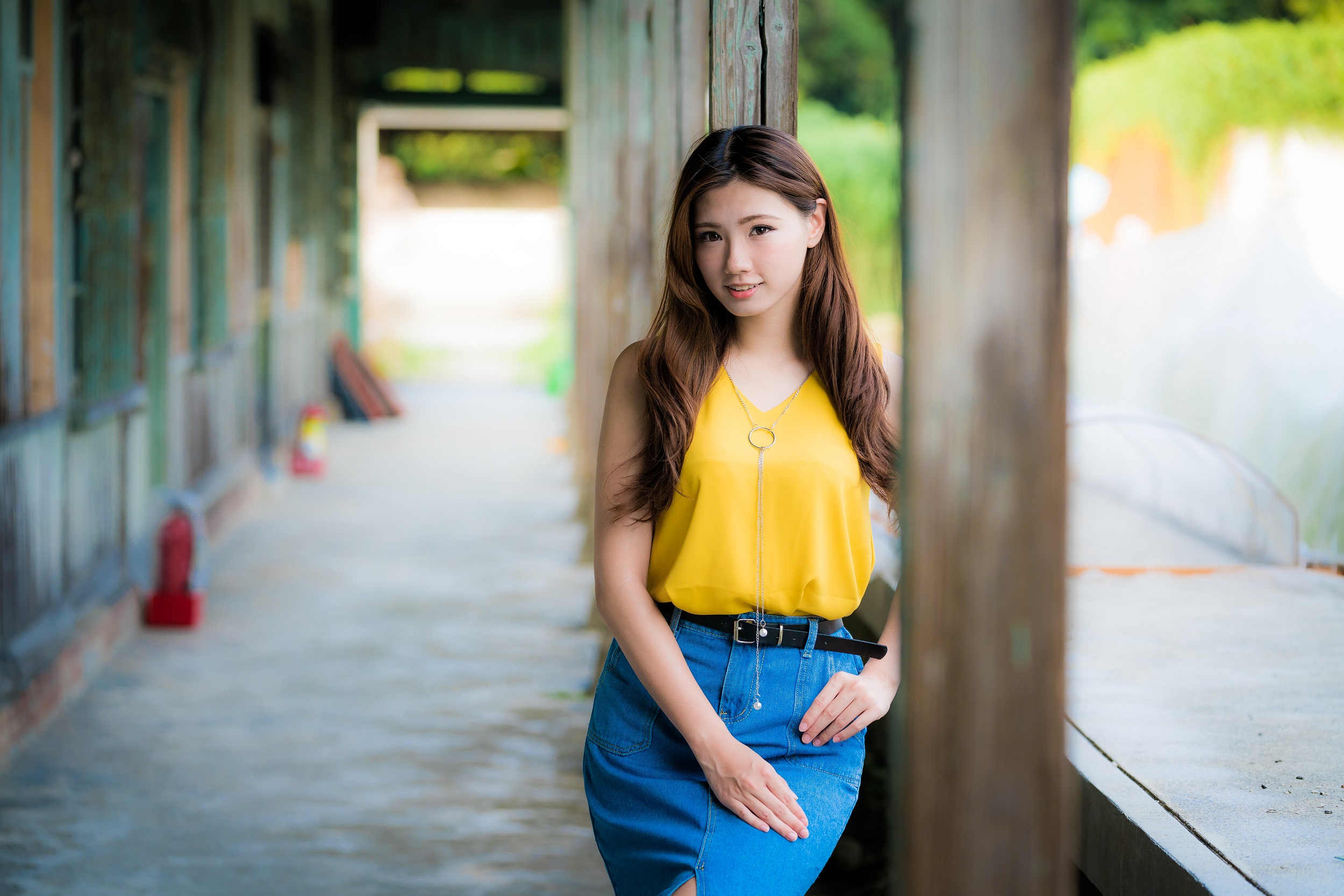 Women Model Asian Brunette Long Hair Looking At Viewer Denim Skirt Belt Depth Of Field Women Outdoor 2500x1667