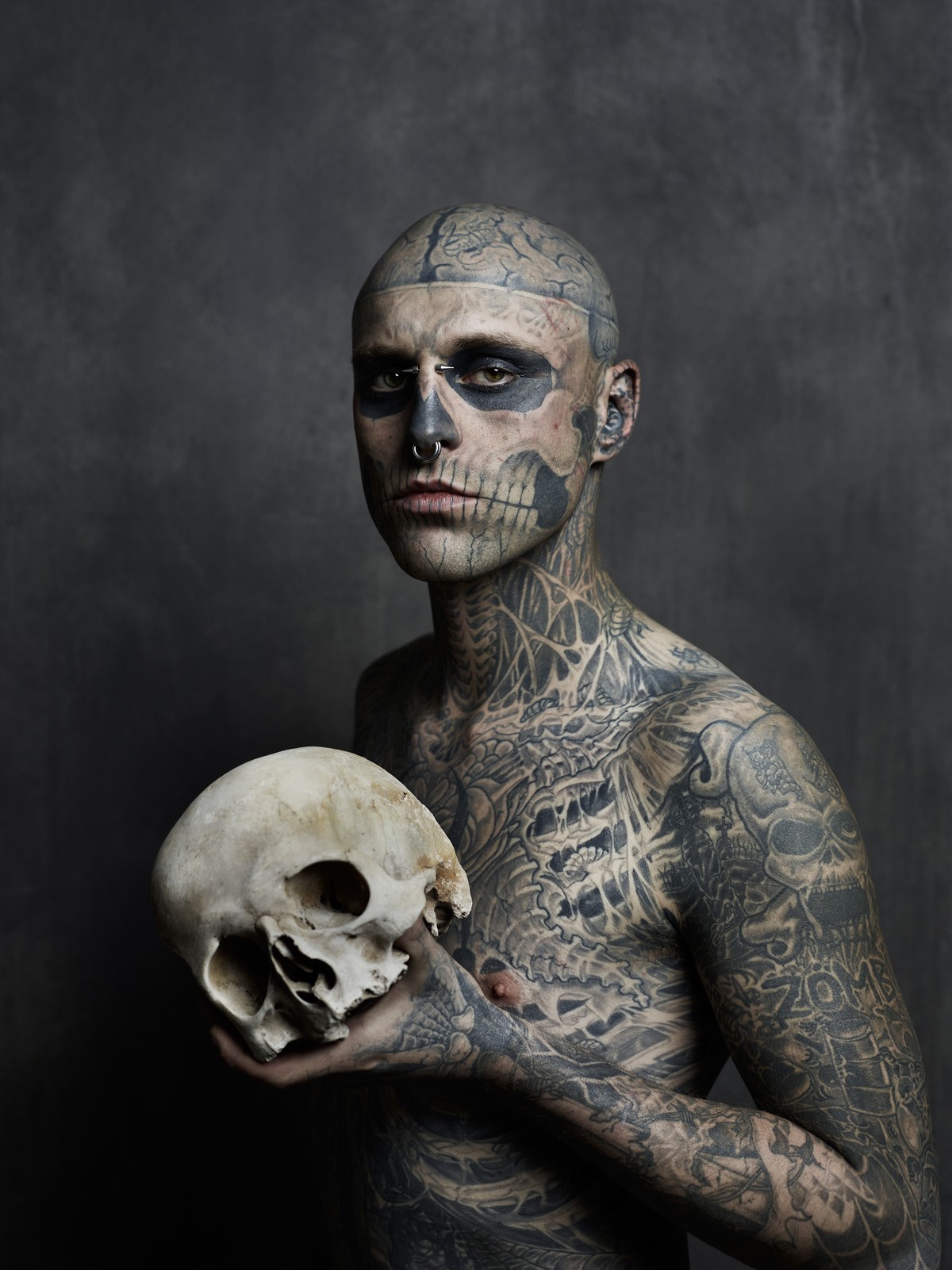 Men Shirtless Tattoo Rico The Zombie Rick Genest Bald Head Nose Rings Skull Piercing Bones 1200x1601