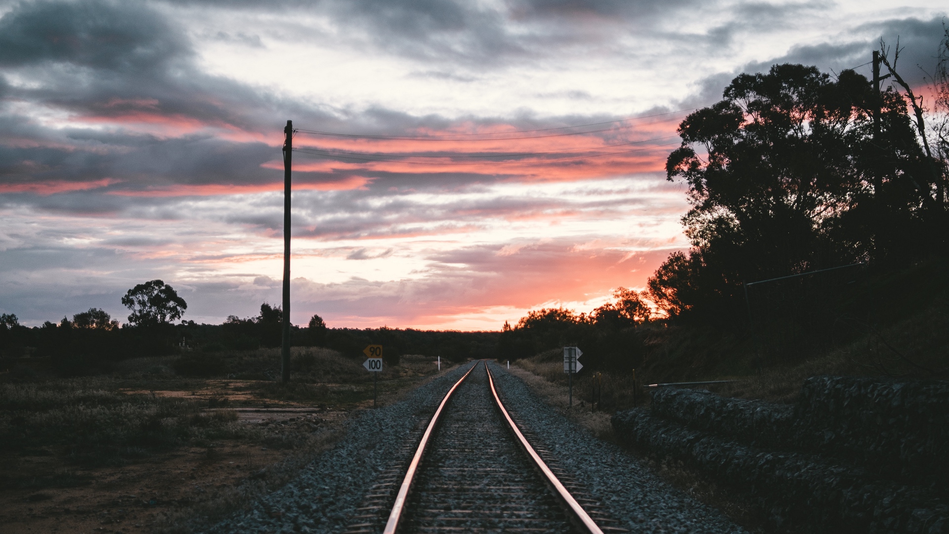 Railroad Track Railway Sunset Pebbles Sky 1920x1080