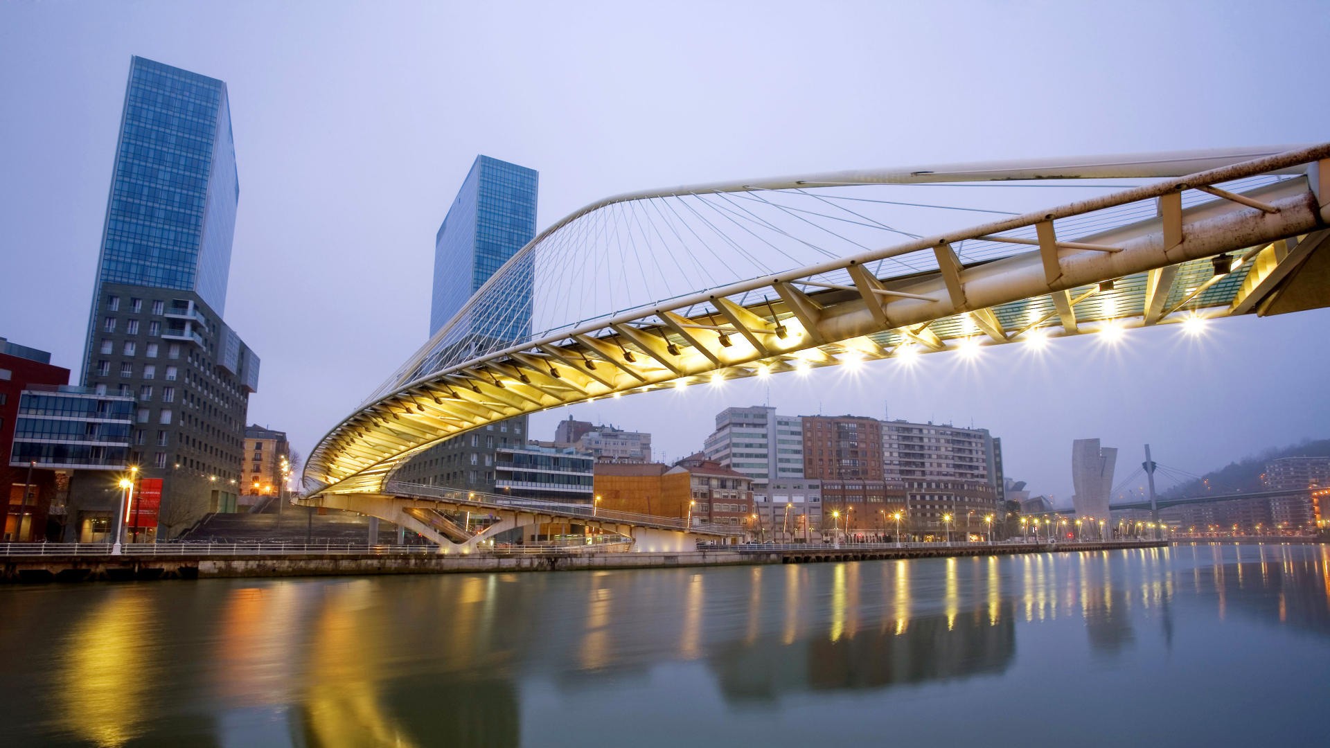 Cityscape Bridge River Reflection Building Bilbao 1920x1080