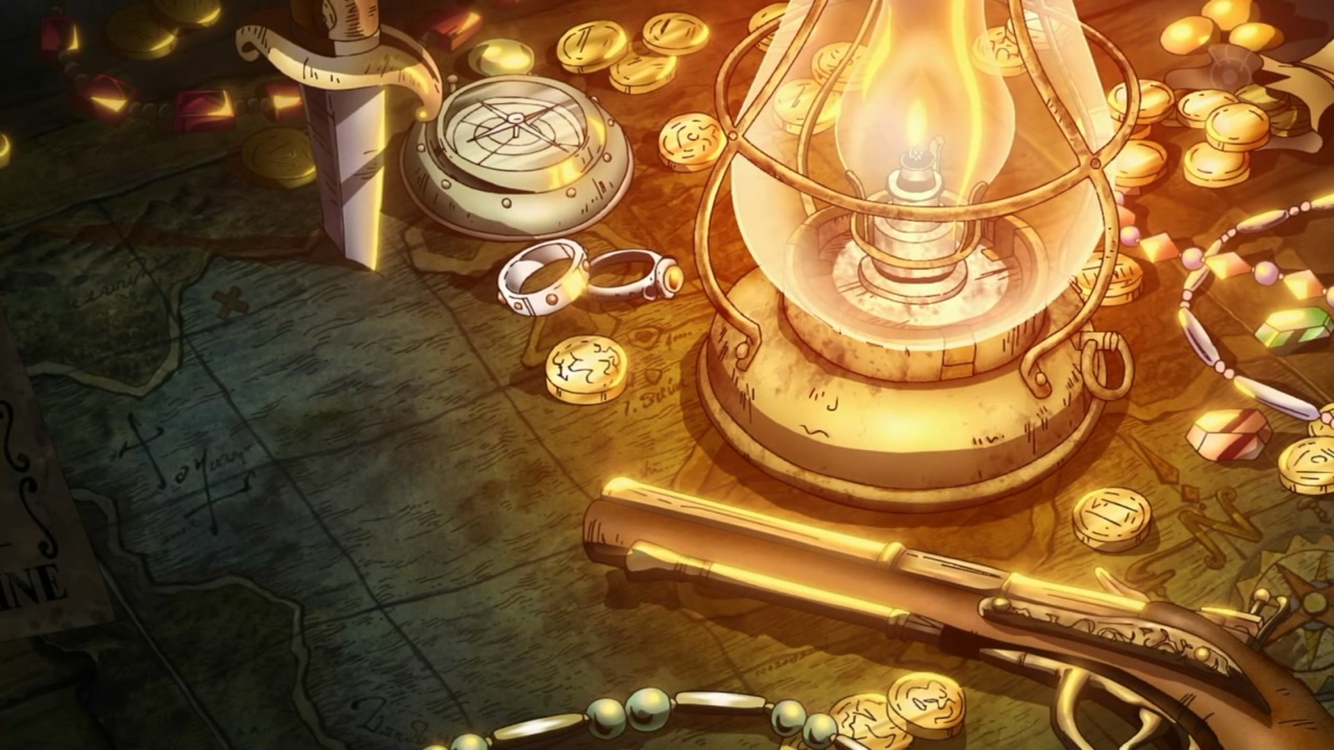 One Piece Treasure Gold Lamp Gun Anime Lantern Coins Compass Rings 1920x1080