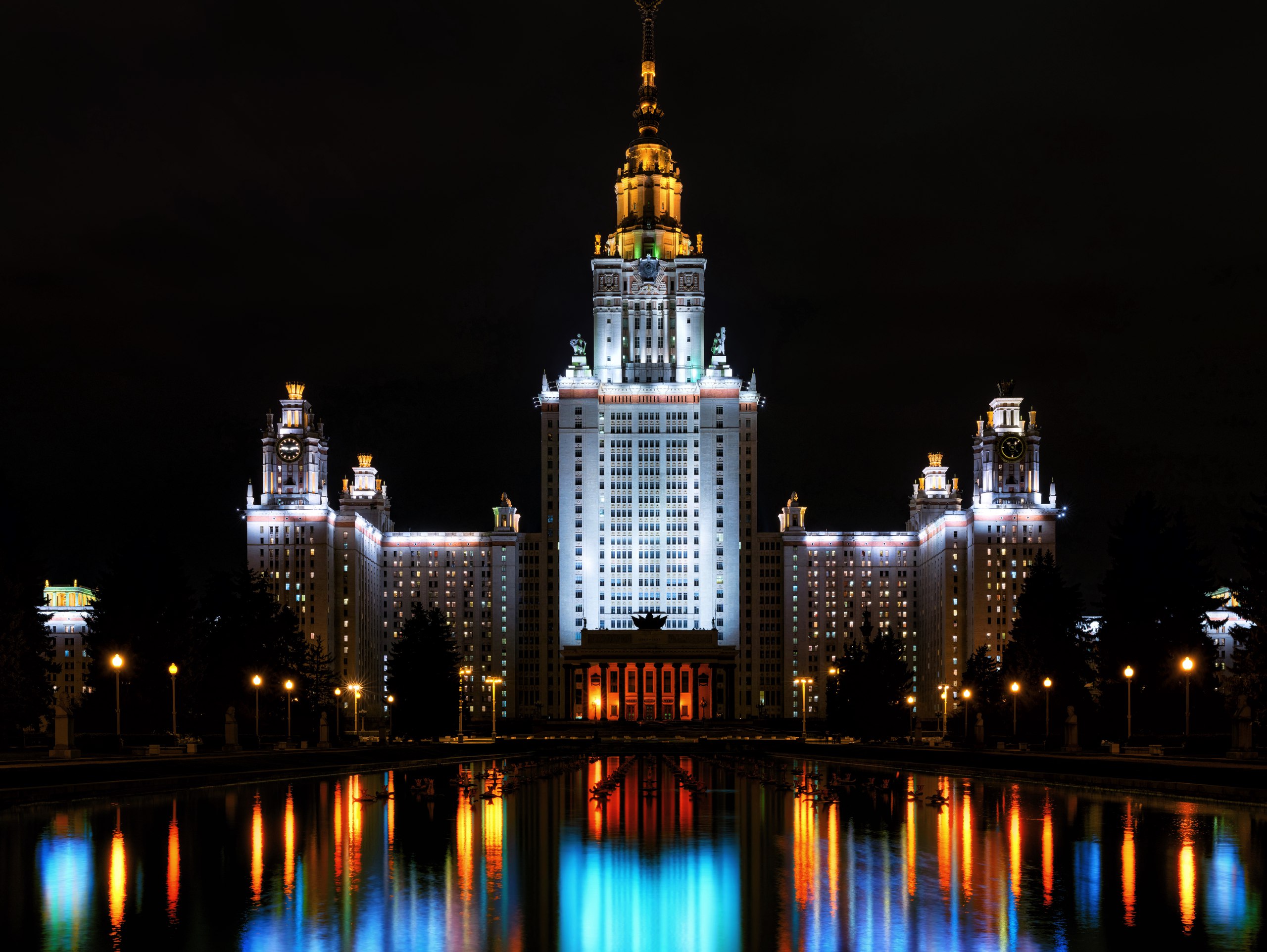 Moscow State University Moscow Building Night Reflection Russia 2560x1924