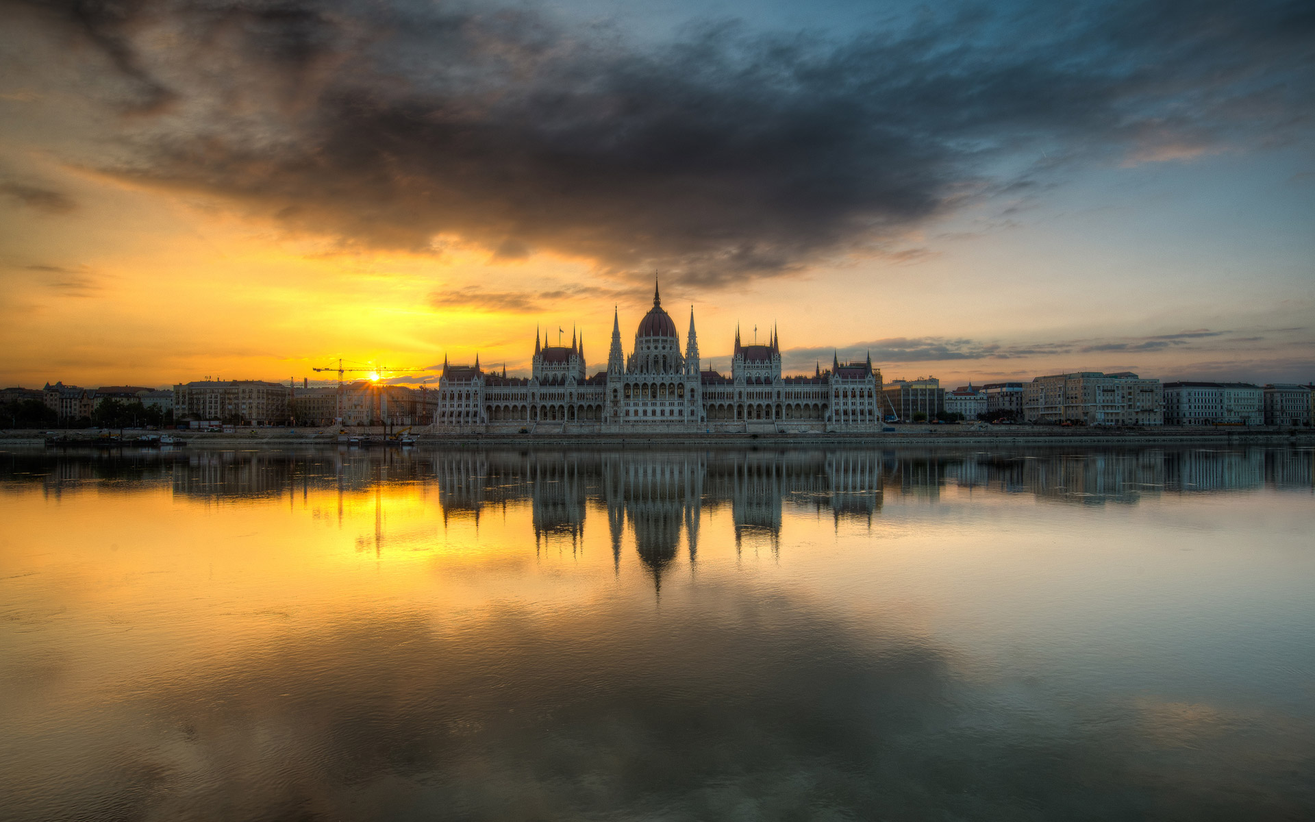 Hungarian Parliament Building Budapest Sunset City Water Reflection 1920x1200