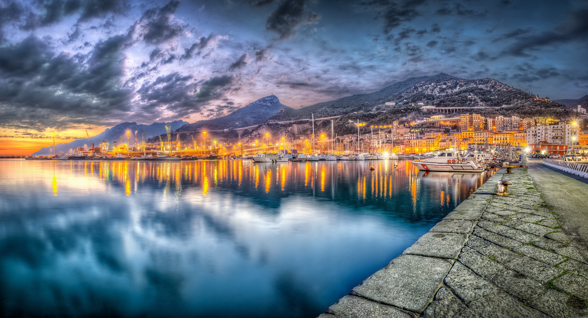 Sky Water Cityscape Lights Salerno Italy HDR 2000x1082