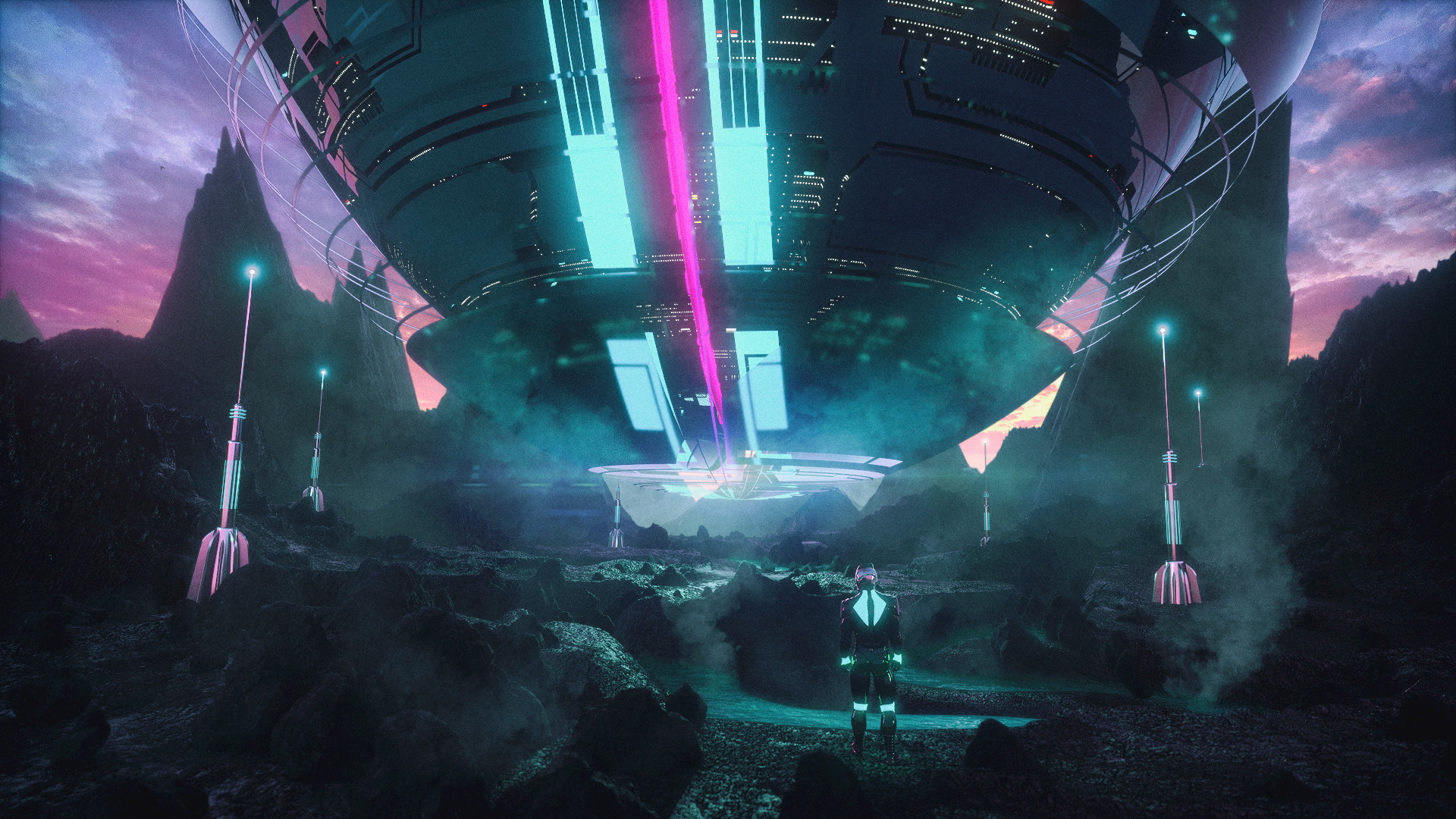 David Legnon Science Fiction Beacon Offworld Rocks Neon Glow Purple Cyan Mist Suits Artwork Futurist 1920x1080