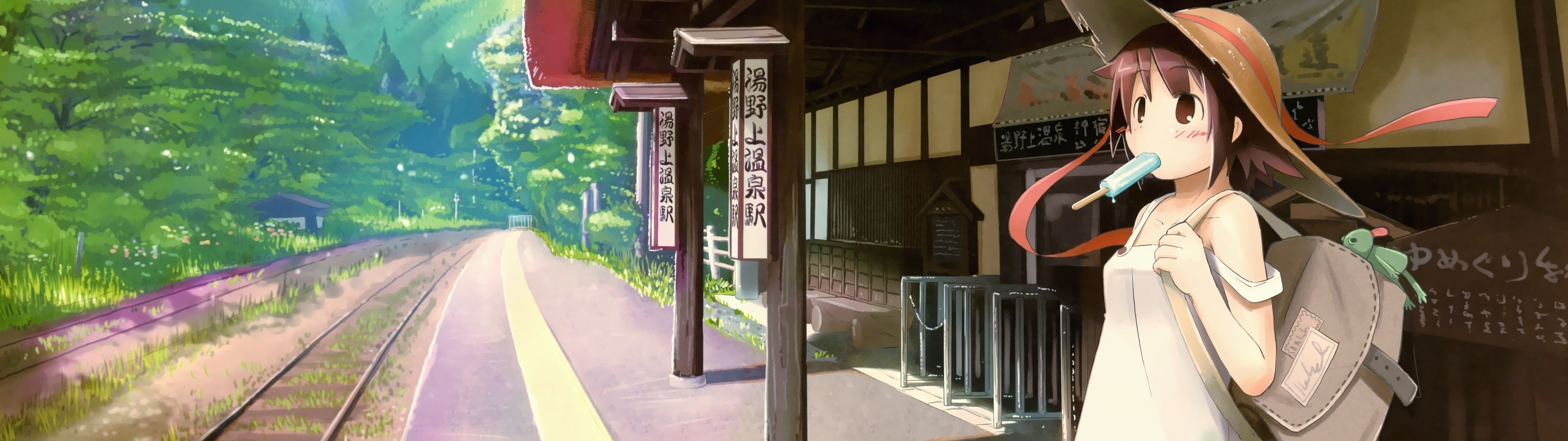 Soft Shading Train Station Sun Hats Anime Anime Girls 3840x1080