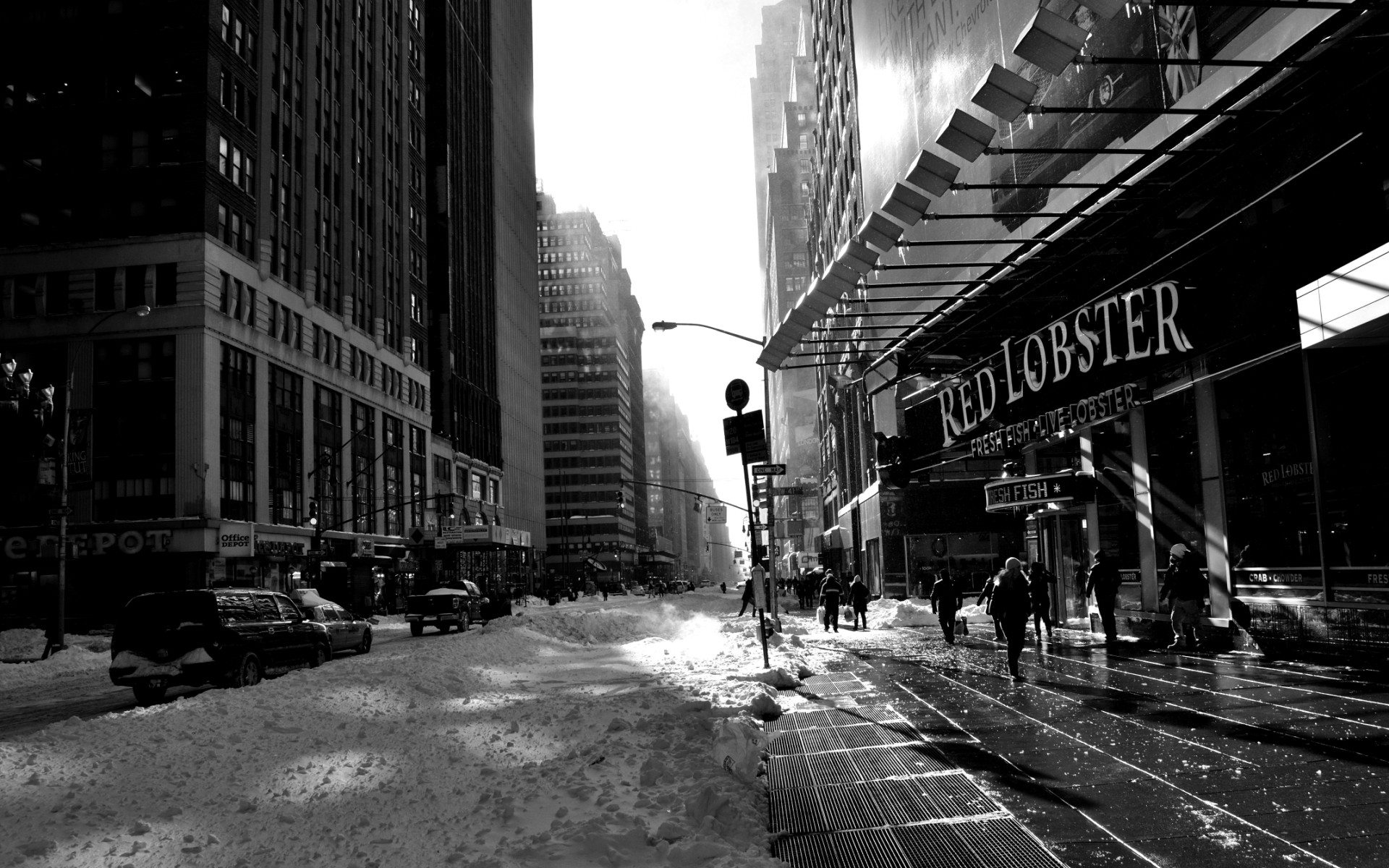 New York City Monochrome Snow Street Cityscape Sunbeams Building City 1920x1200