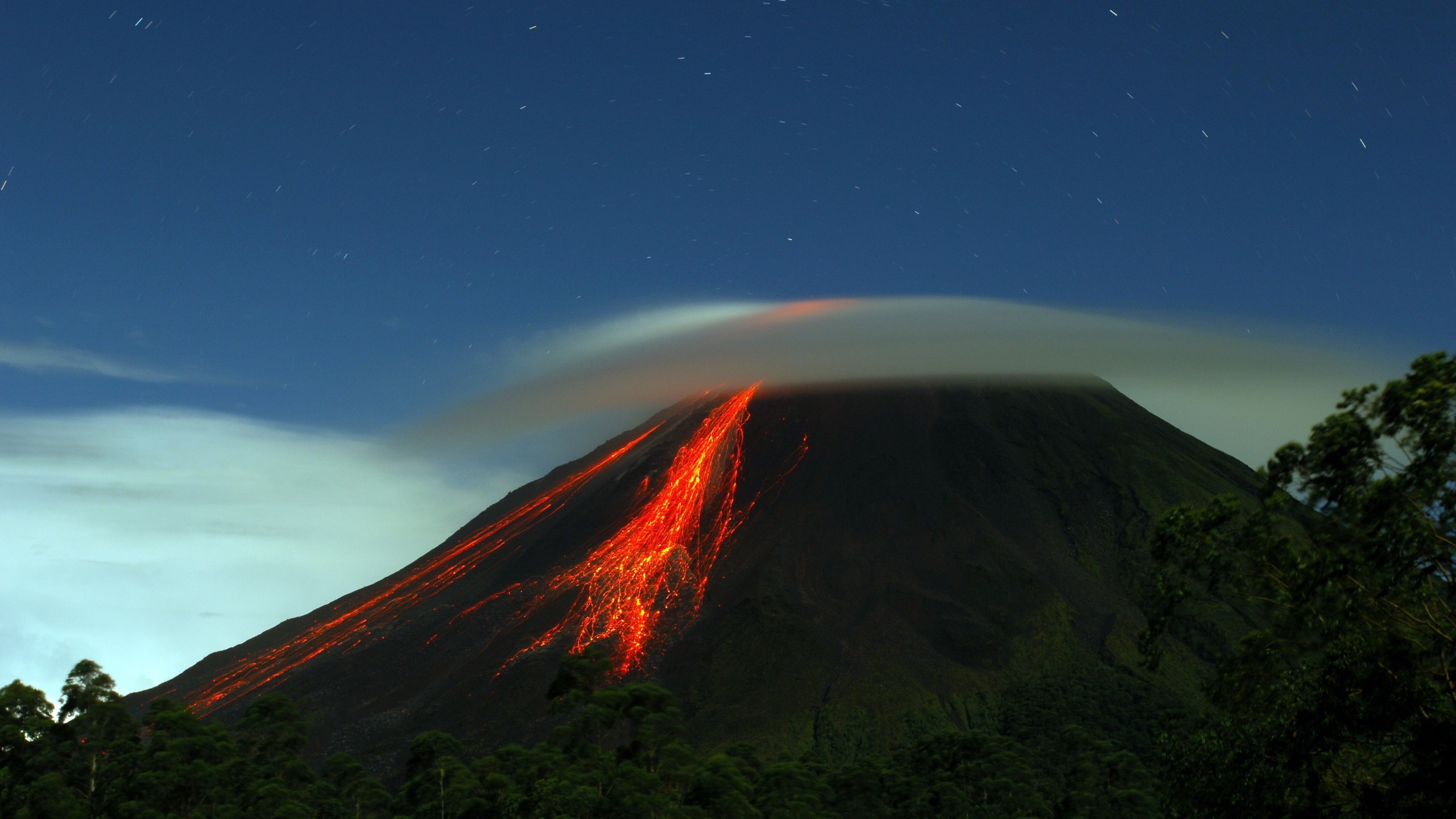 Nature Landscape Sky Clouds Volcano Eruption Lava Trees Forest Night Stars Long Exposure 2560x1440