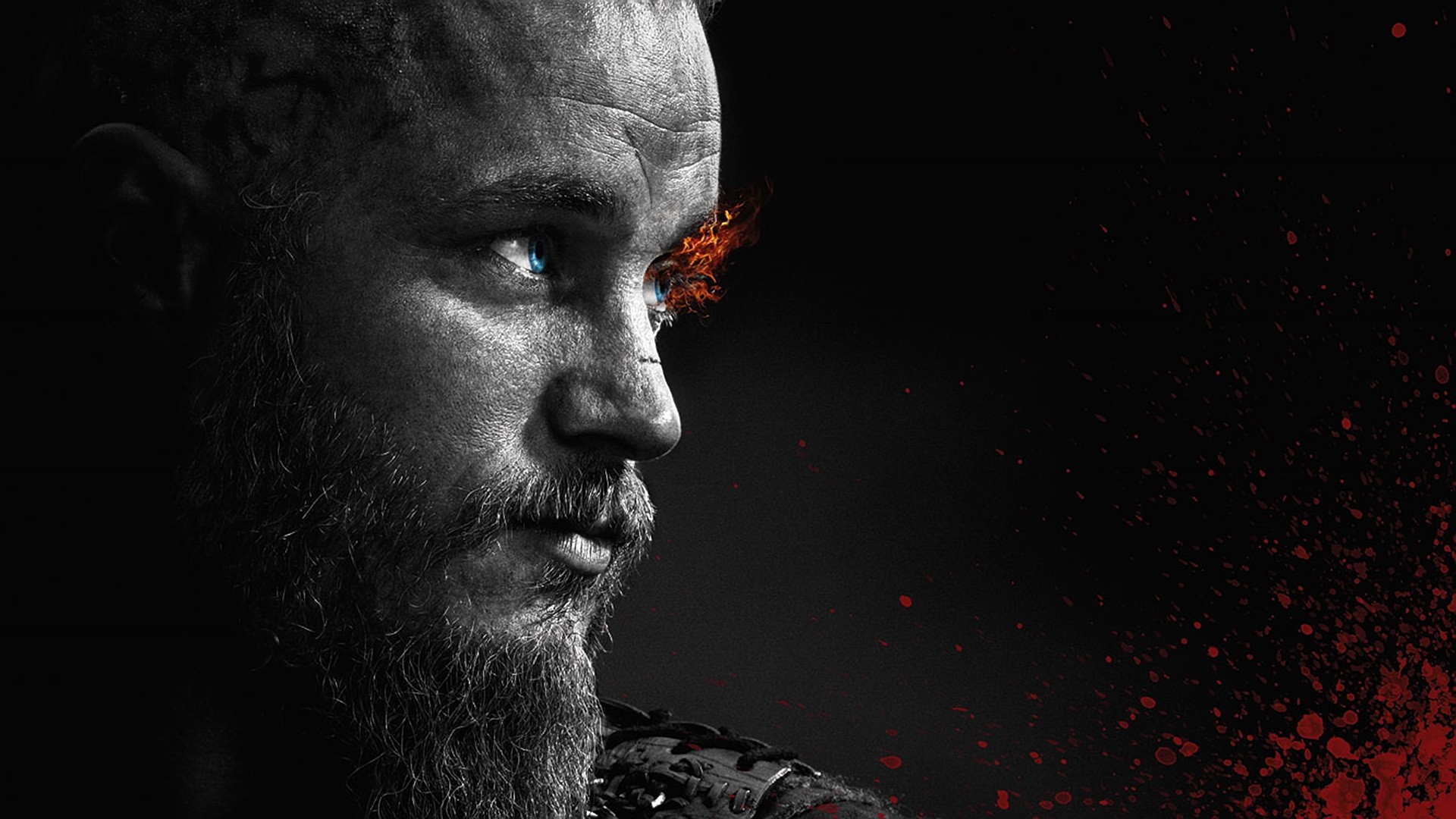 Ragnar Lodbrok Vikings TV Fire Monochrome Selective Coloring Blue Eyes Dark Face Men Beards Eyes Red 1920x1080