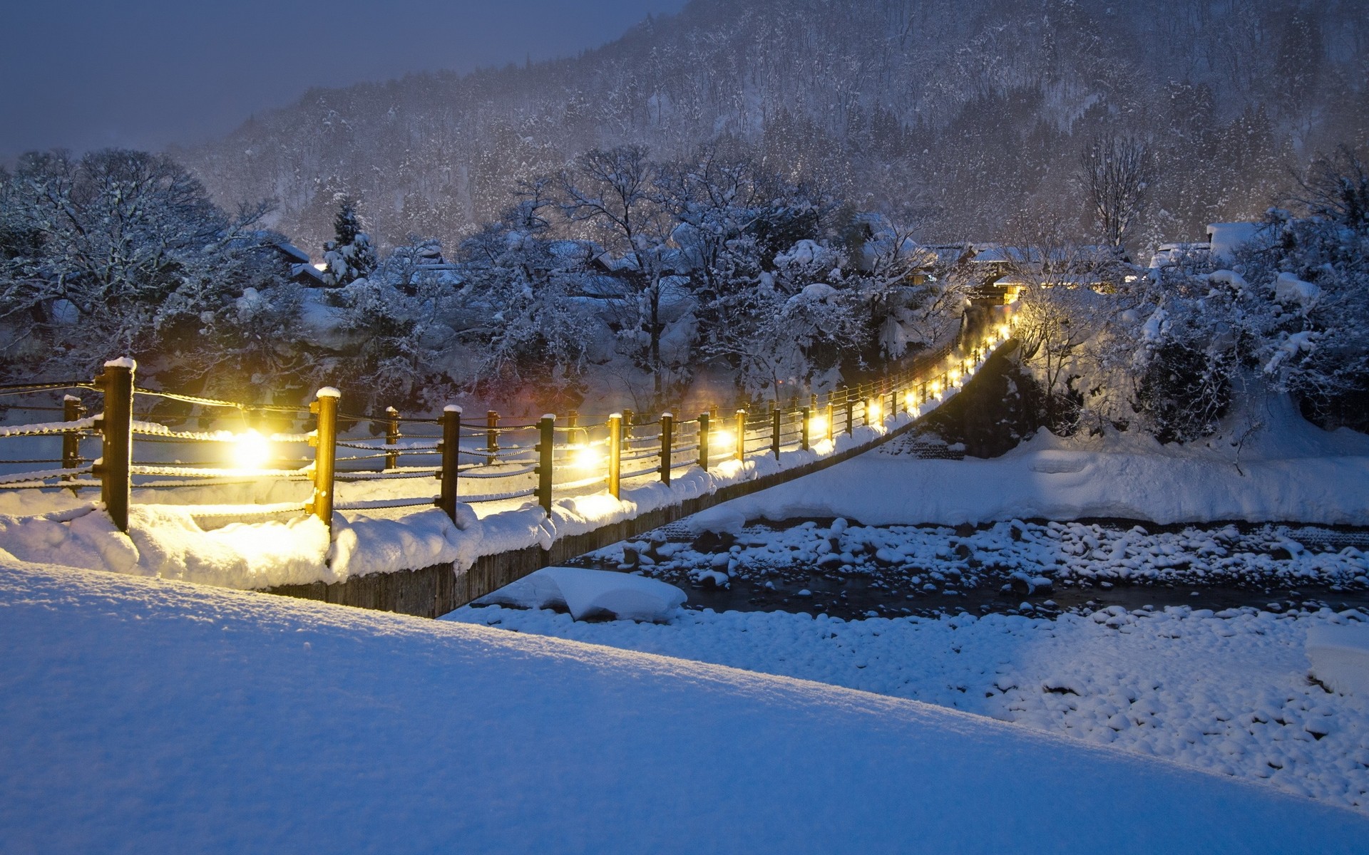 Bridge Winter Snow Village Landscape Japan Shirakawago 1920x1200