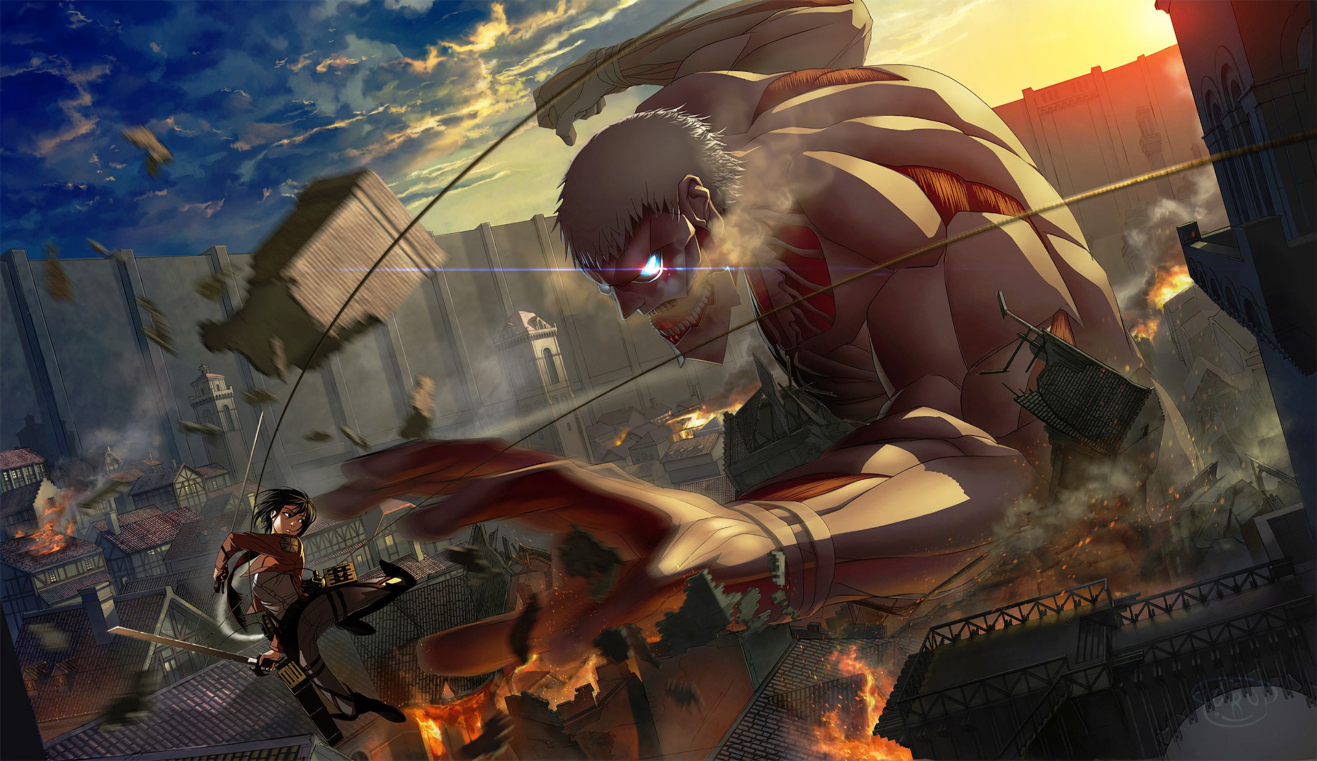 Mikasa Ackerman Shingeki No Kyojin Armored Titan Attack On Titan Jacket Sword Weapon Glowing Eyes Sk 1920x1110