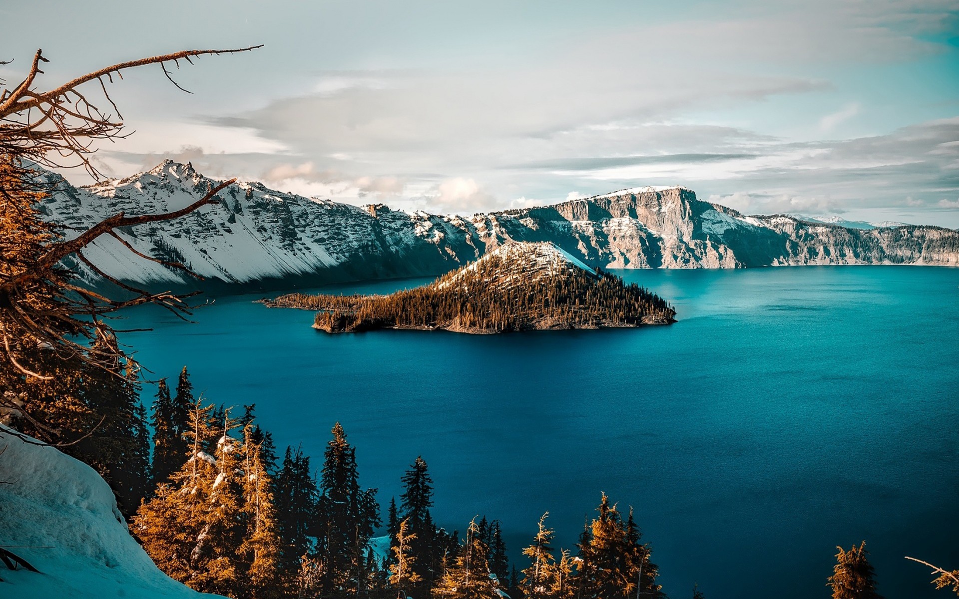Crater Lake Island Nature Winter Water Mountains 1920x1200