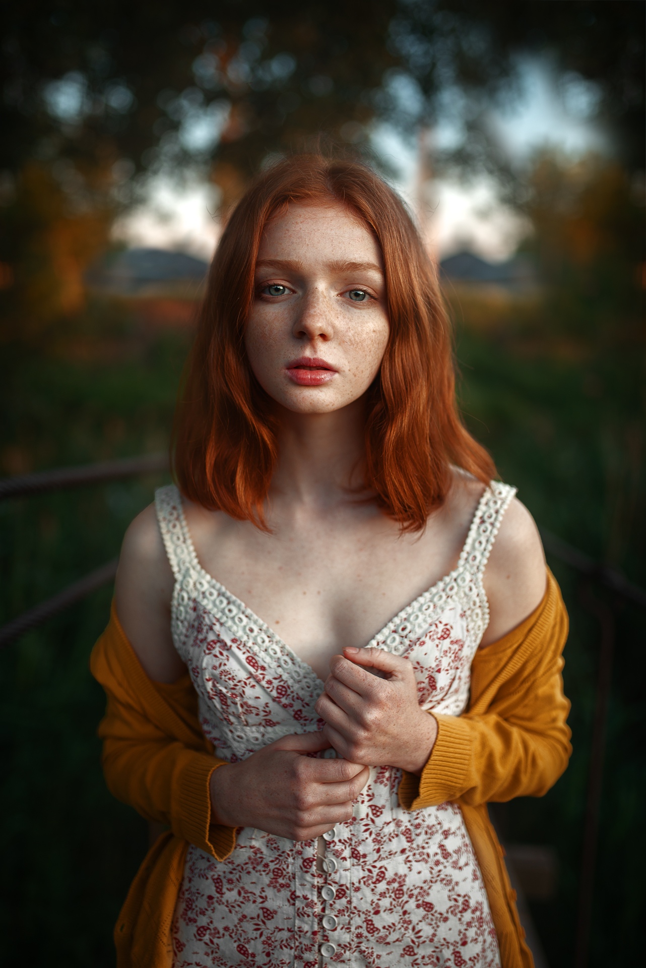 Women Model Redhead Freckles Looking At Viewer Outdoors Dress Sweater Yellow Sweater Bokeh Field Wom 1282x1920