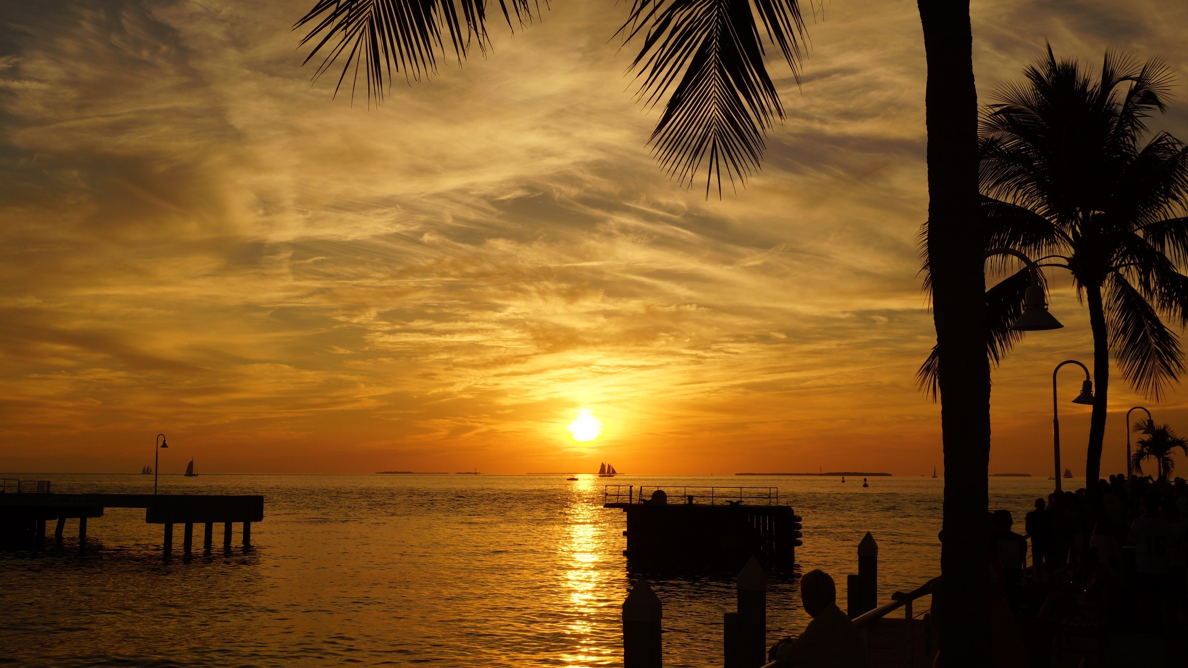 Sunset Florida Evening Orange Color Sky Ocean Horizon Silhouette 2400x1350