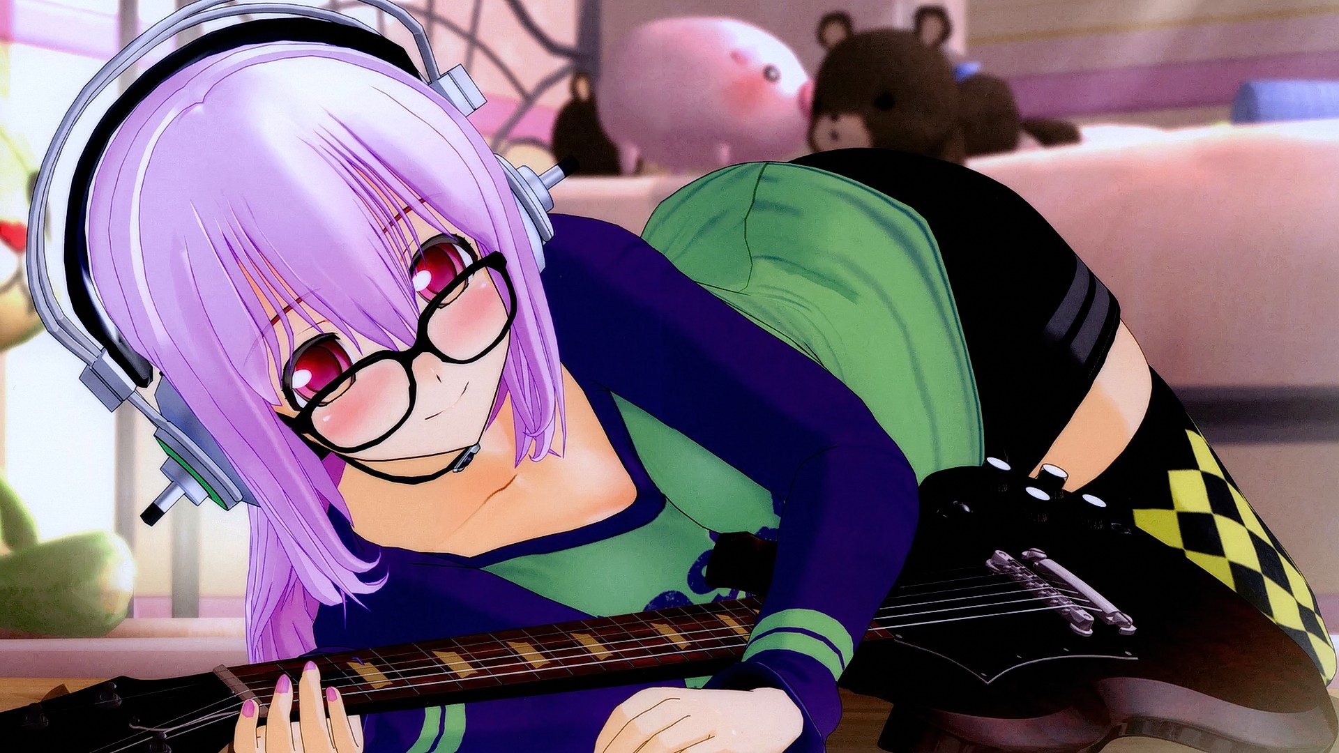 Anime Anime Girls Long Hair Red Eyes Glasses Headsets Guitar Musical Instrument Looking At Viewer Su 1920x1080