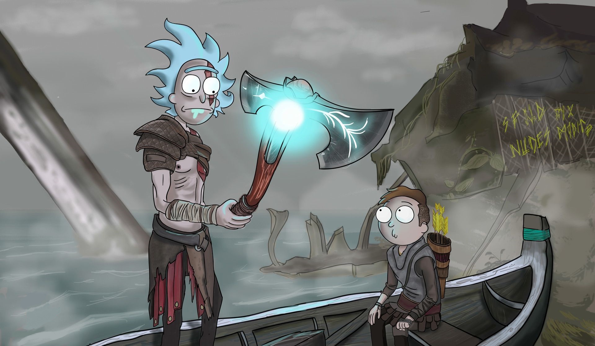 God Of War Fan Art Rick And Morty Drawing Video Games Boat Axe God Of War 2018 God Of War 4 1920x1117